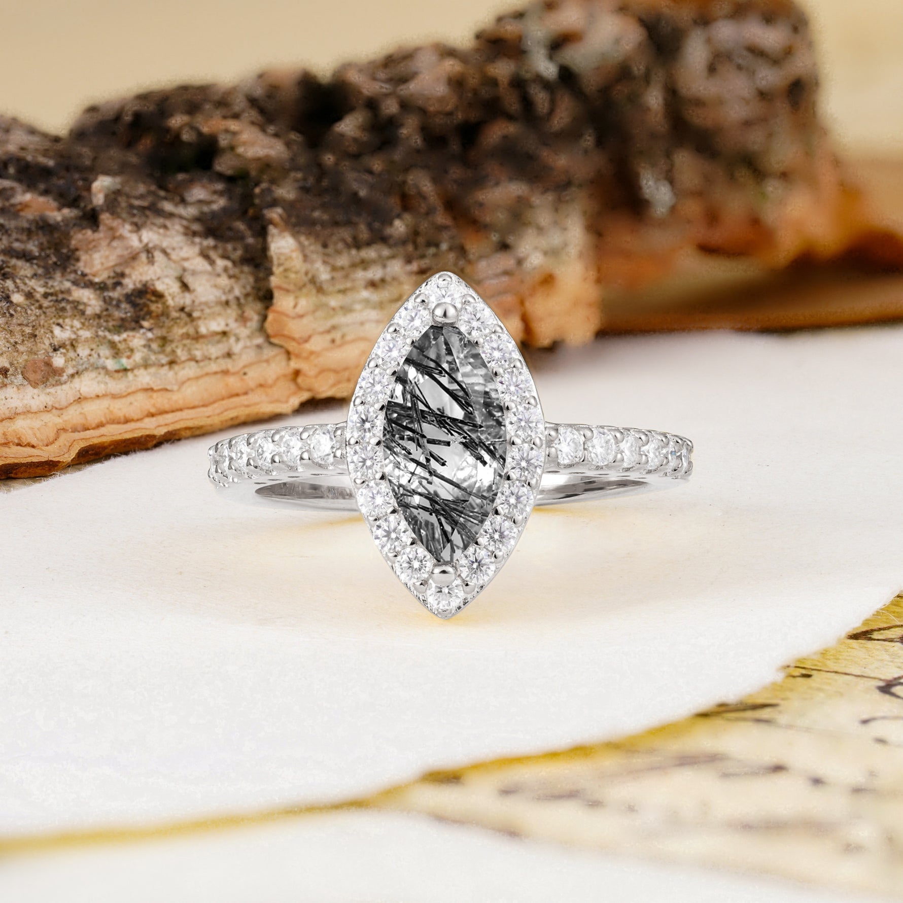 Unique and Luxurious 2-Prong Marquise Cut Black Rutilated Quartz Engagement Ring - Additional view