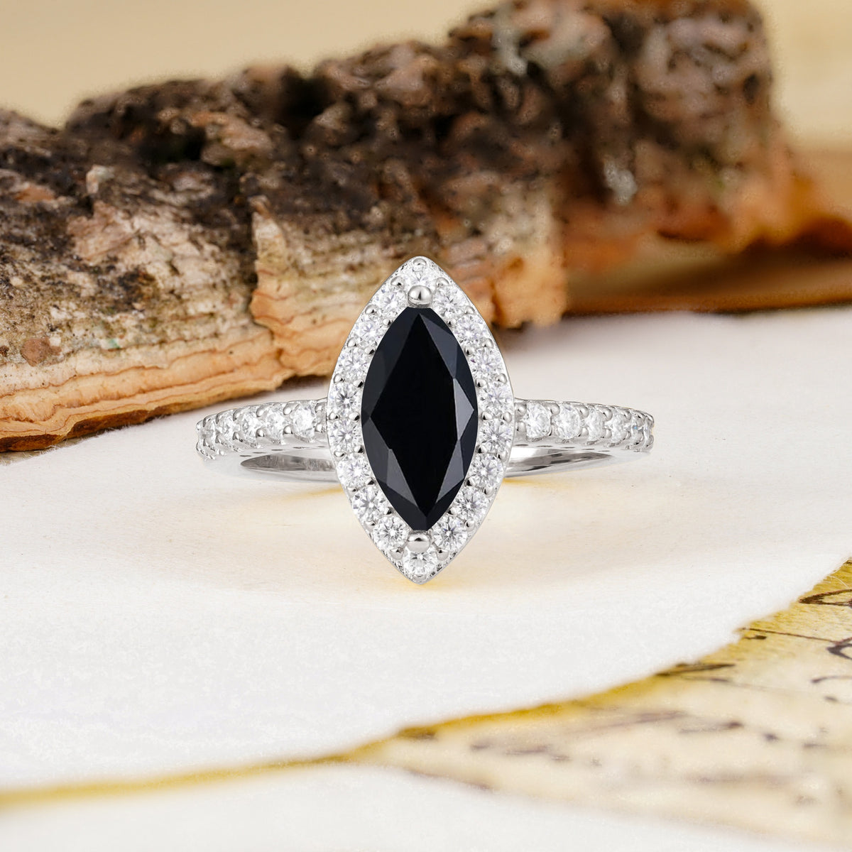 Unique and Luxurious 2-Prong Marquise Cut Black Onyx Engagement Ring - Additional view