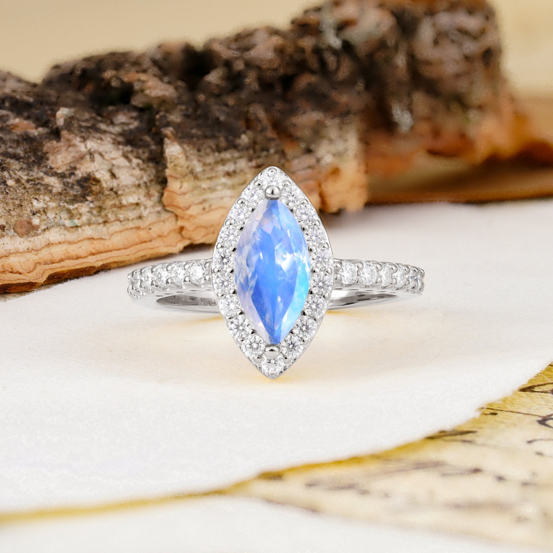 Unique and Luxurious 2-Prong Marquise Cut Moonstone Engagement Ring - Additional view