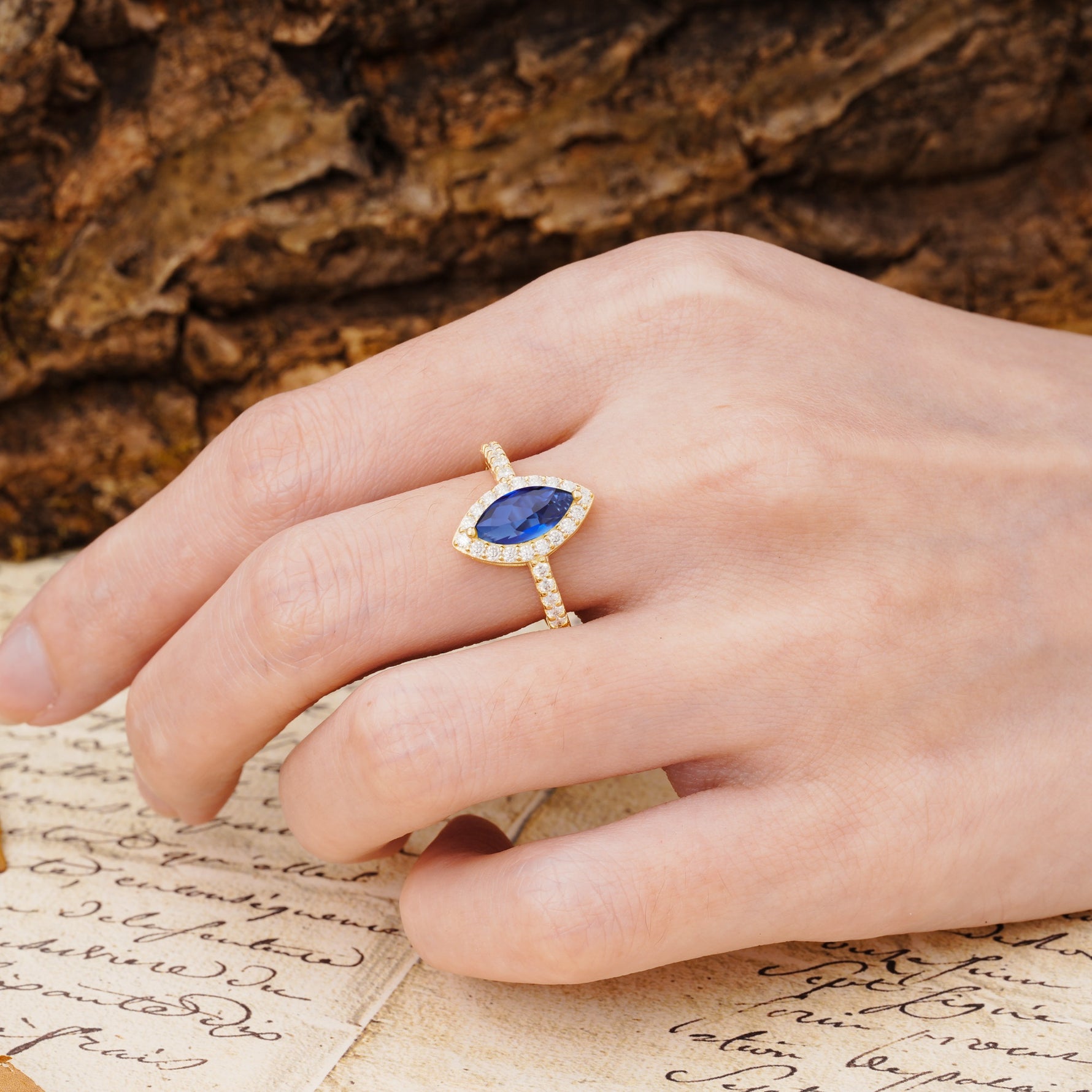 Unique and Luxurious 2-Prong Marquise Cut Sapphire Engagement Ring - Additional view