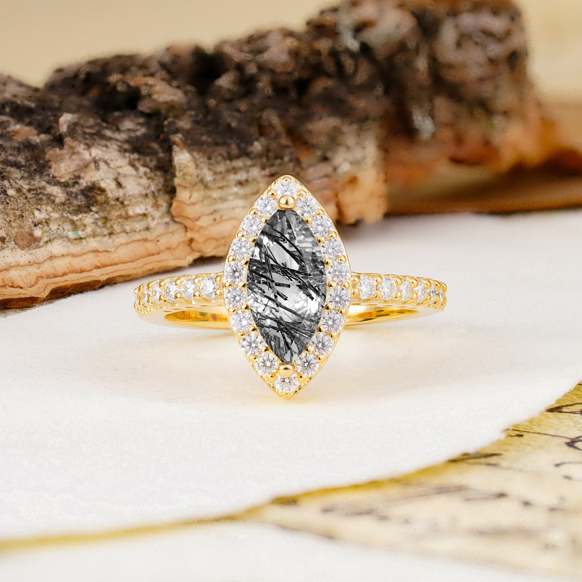 Unique and Luxurious 2-Prong Marquise Cut Black Rutilated Quartz Engagement Ring - Additional view