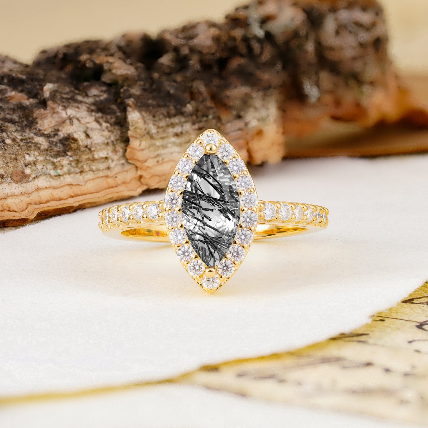 Unique and Luxurious 2-Prong Marquise Cut Black Rutilated Quartz Engagement Ring - Additional view