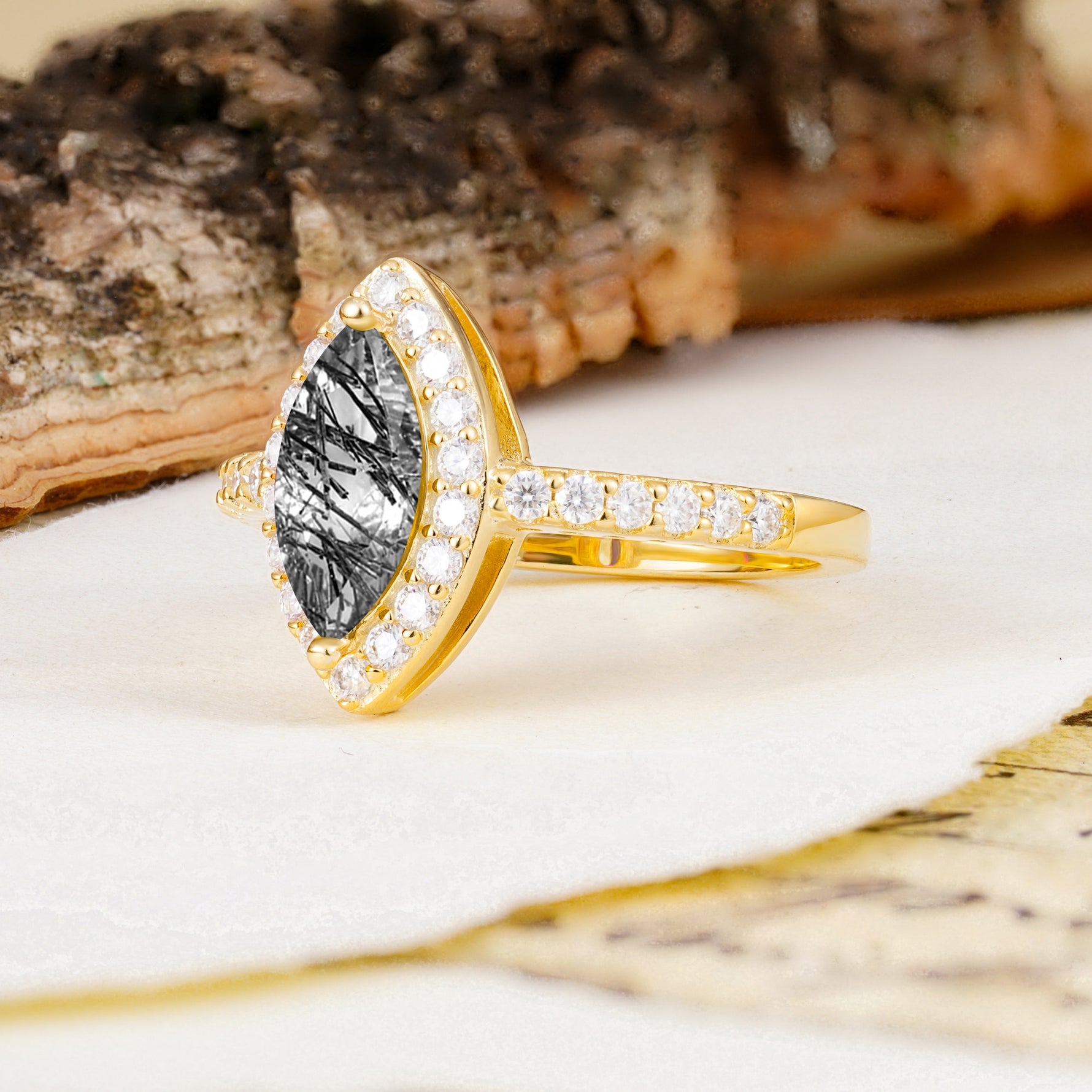 Unique and Luxurious 2-Prong Marquise Cut Black Rutilated Quartz Engagement Ring - Additional view