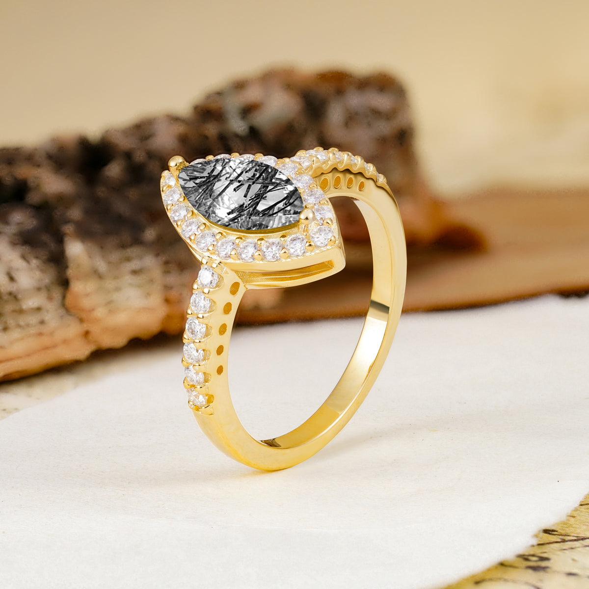 Unique and Luxurious 2-Prong Marquise Cut Black Rutilated Quartz Engagement Ring - Additional view