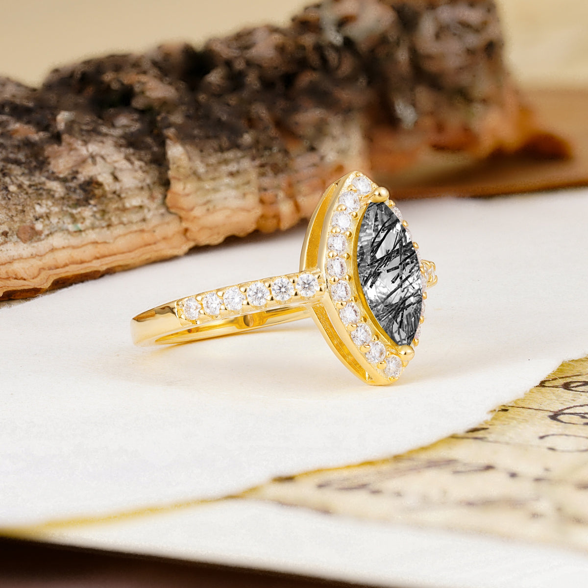 Unique and Luxurious 2-Prong Marquise Cut Black Rutilated Quartz Engagement Ring - Additional view