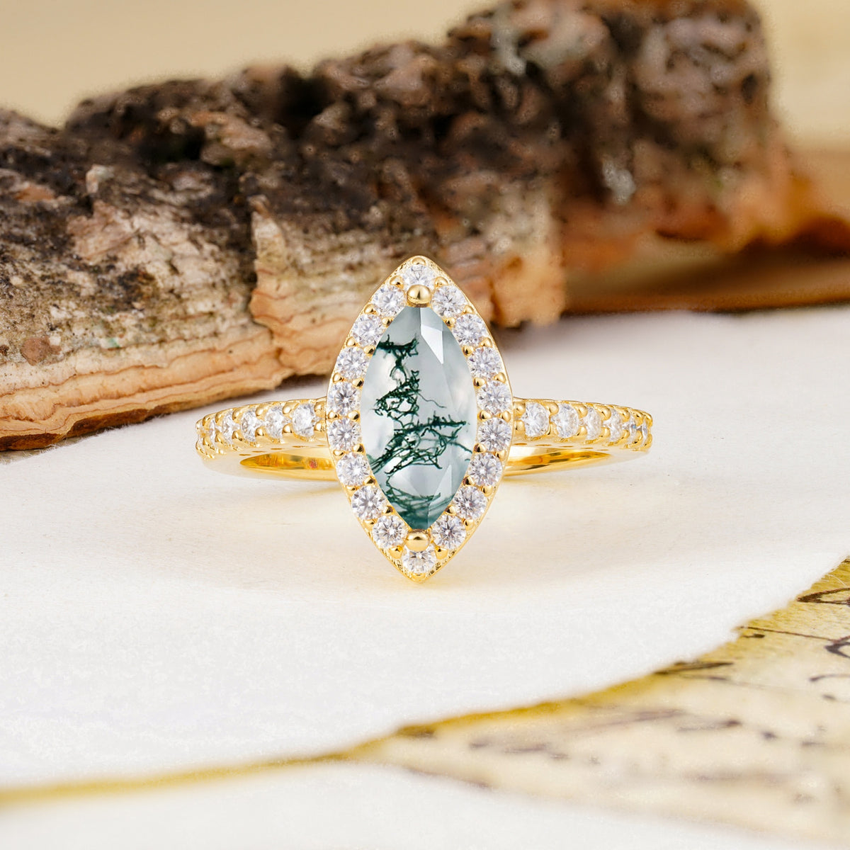 Unique and Luxurious 2-Prong Marquise Cut Moss Agate Engagement Ring - Additional view