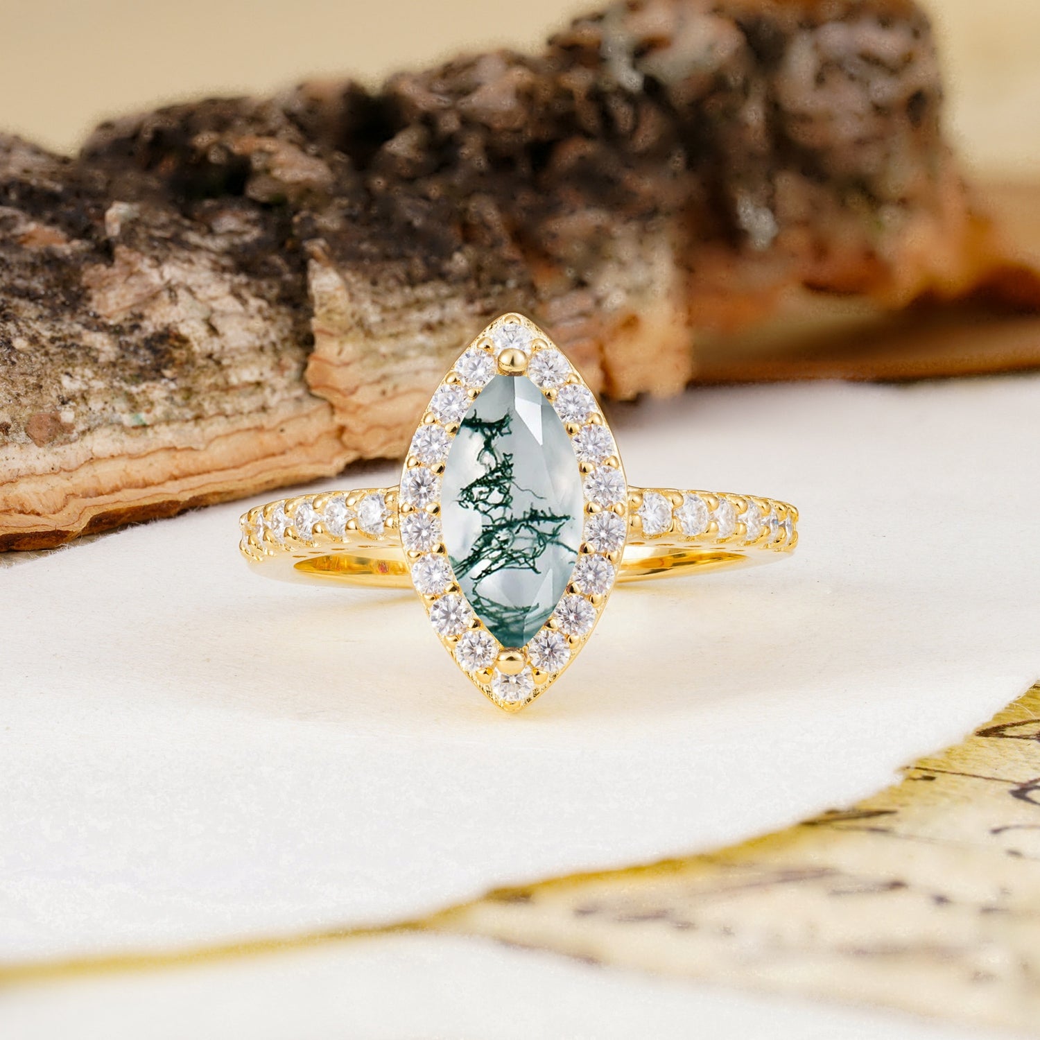 Unique and Luxurious 2-Prong Marquise Cut Moss Agate Engagement Ring - Additional view