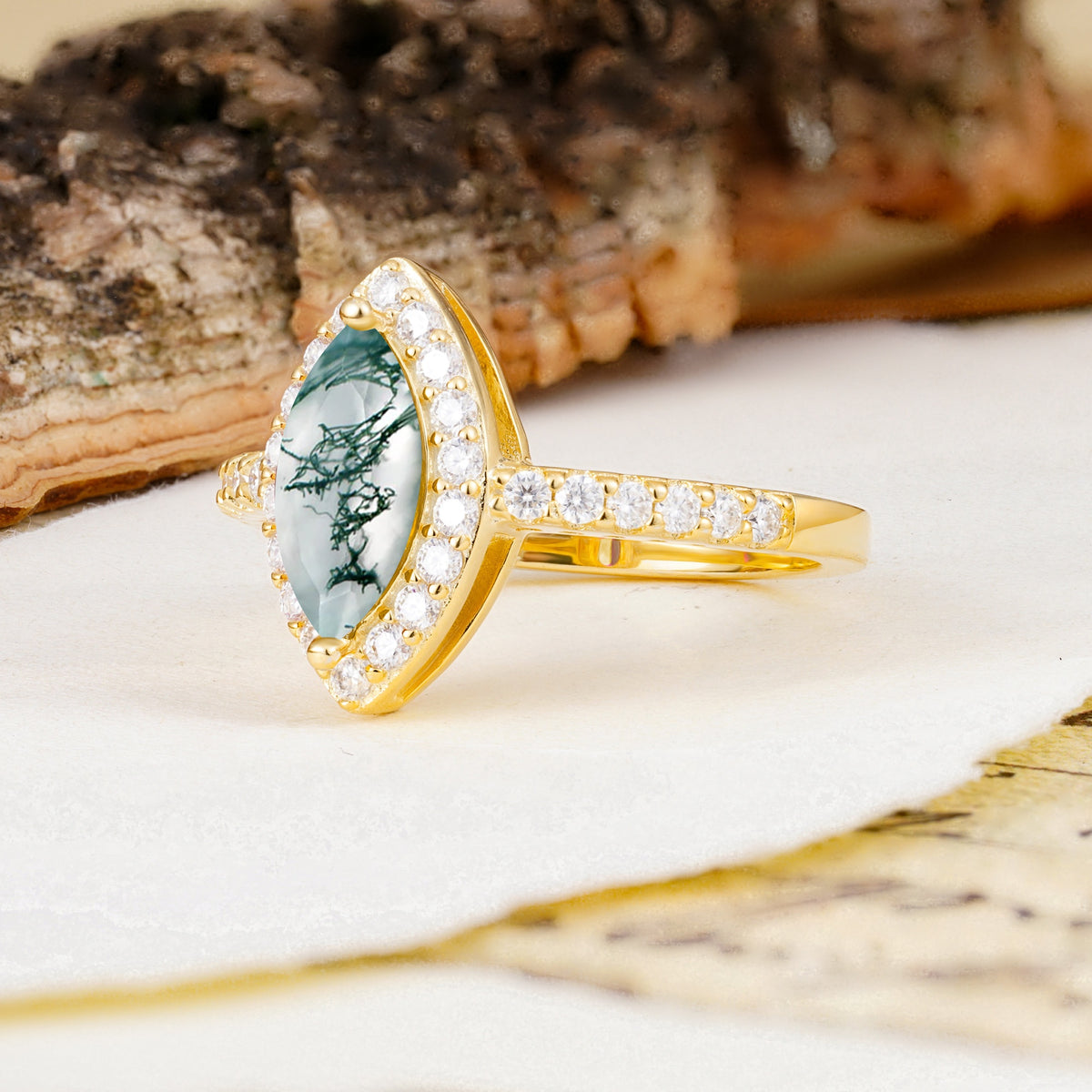 Unique and Luxurious 2-Prong Marquise Cut Moss Agate Engagement Ring - Additional view