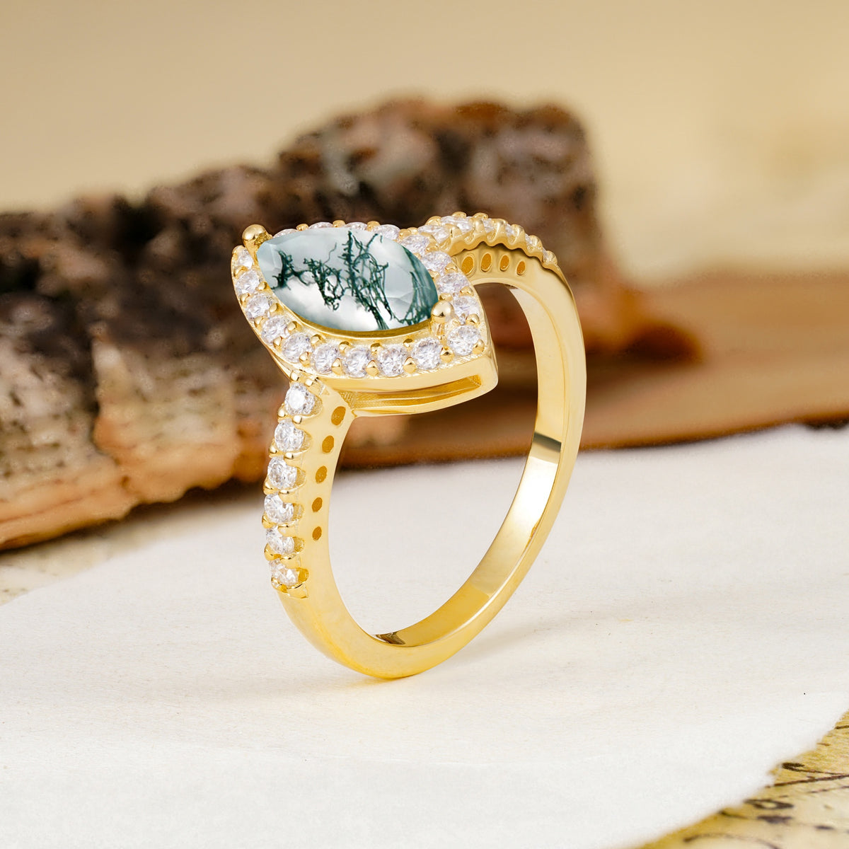 Unique and Luxurious 2-Prong Marquise Cut Moss Agate Engagement Ring - Additional view