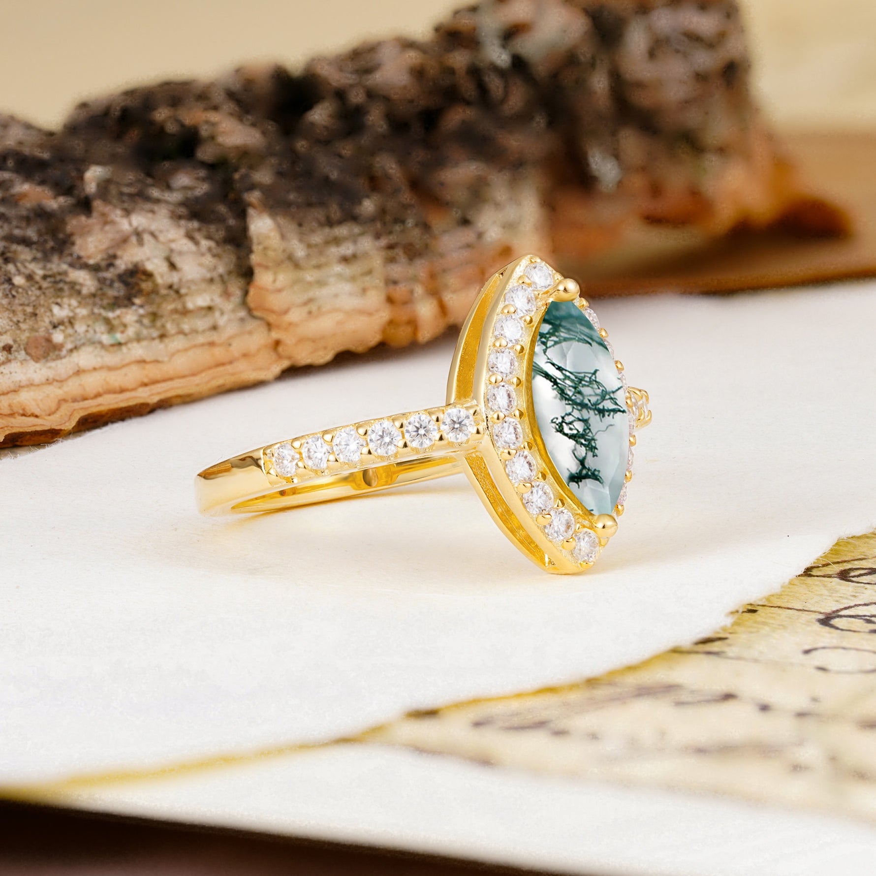Unique and Luxurious 2-Prong Marquise Cut Moss Agate Engagement Ring - Additional view