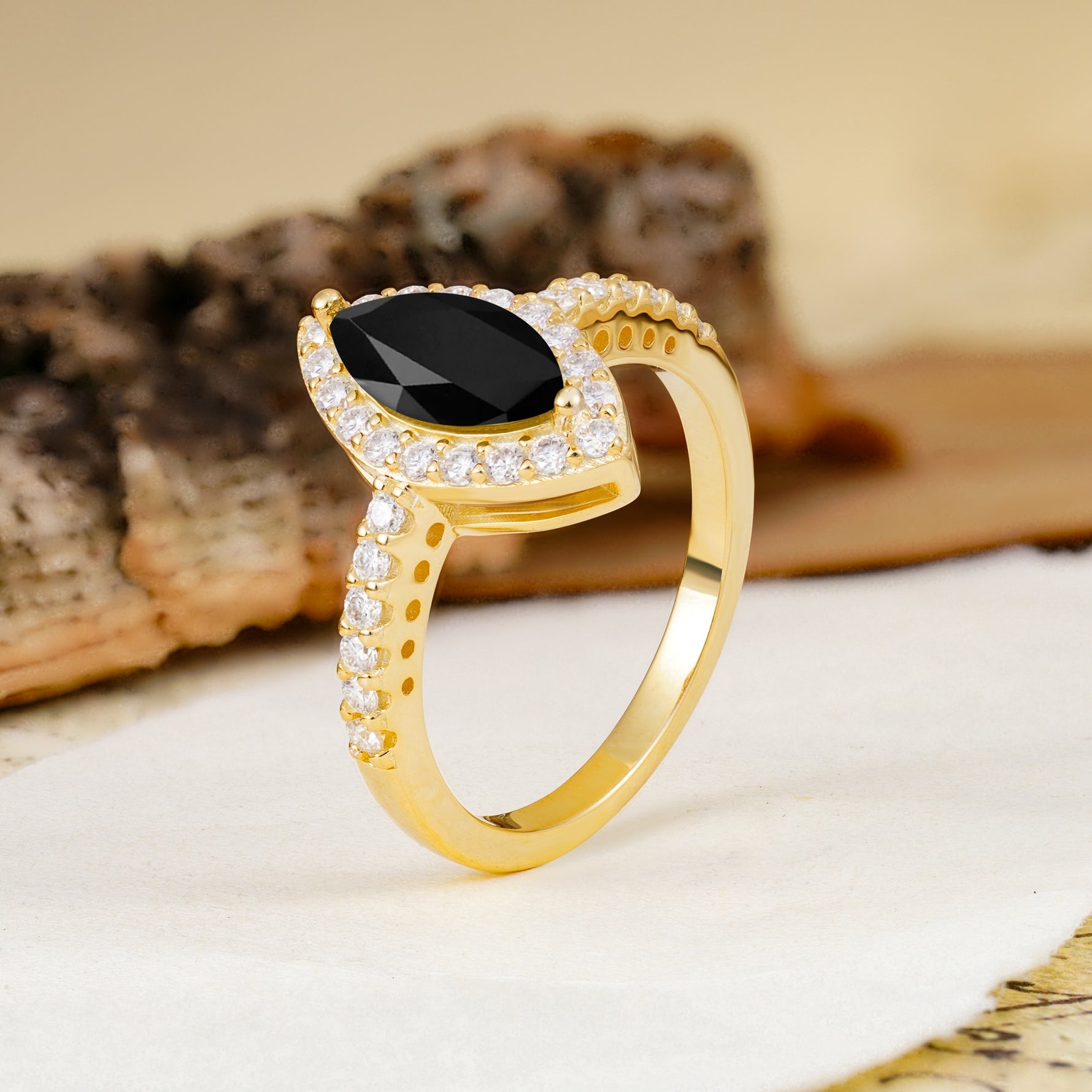 Unique and Luxurious 2-Prong Marquise Cut Black Onyx Engagement Ring - Additional view