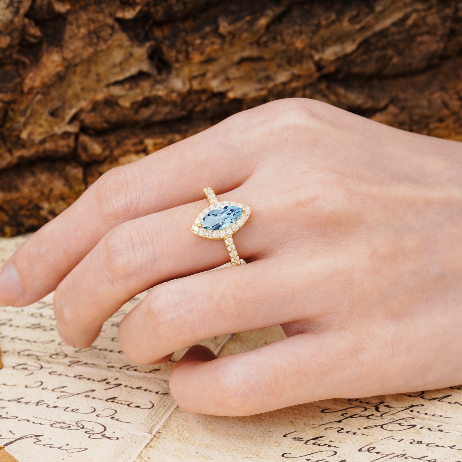 Unique and Luxurious 2-Prong Marquise Cut Aquamarine Engagement Ring - Additional view