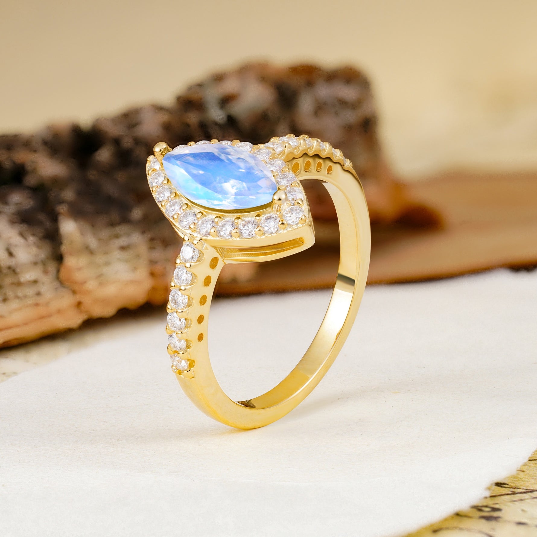 Unique and Luxurious 2-Prong Marquise Cut Moonstone Engagement Ring - Additional view