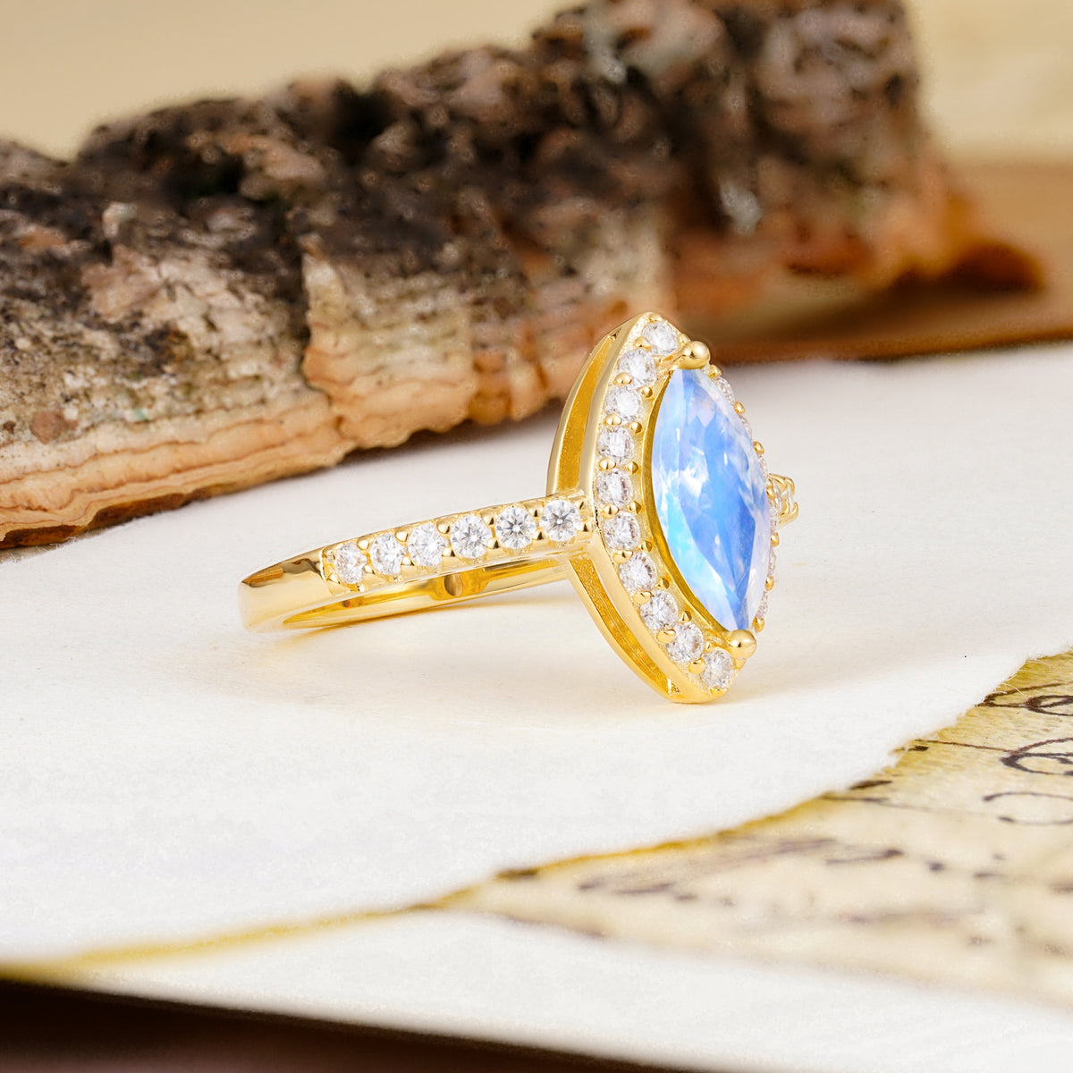 Unique and Luxurious 2-Prong Marquise Cut Moonstone Engagement Ring - Additional view