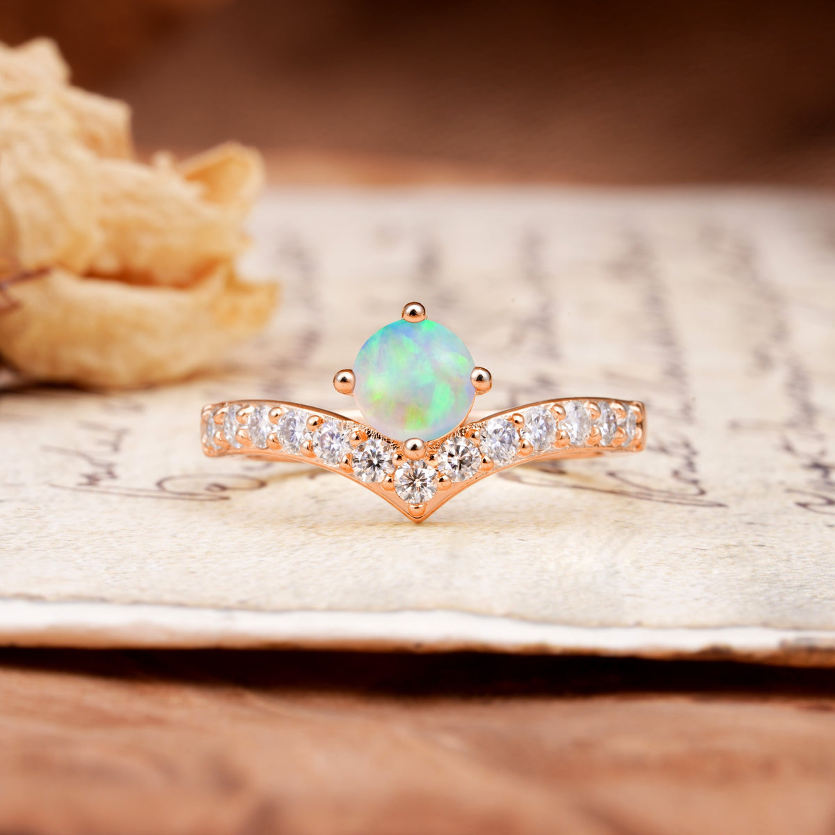 Classic Retro 4-Prong Round Cut Fire Opal Engagement Ring - Additional view