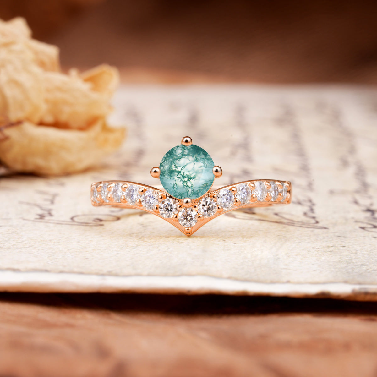 Classic Retro 4-Prong Round Cut Moss Agate Engagement Ring - Additional view