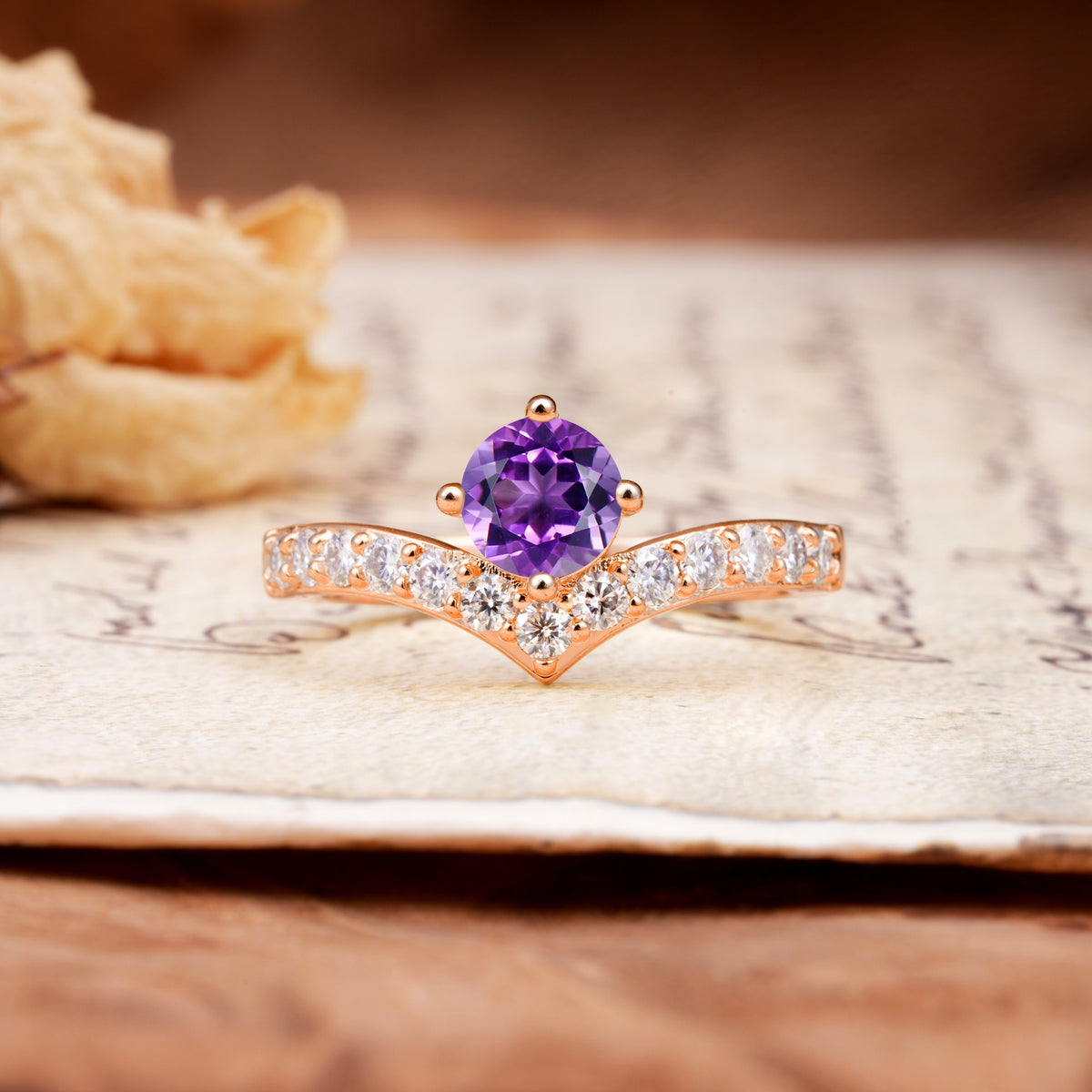 Classic Retro 4-Prong Round Cut Amethyst Engagement Ring - Additional view