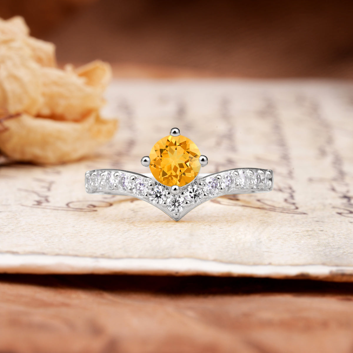 Classic Retro 4-Prong Round Cut Citrine Engagement Ring - Additional view