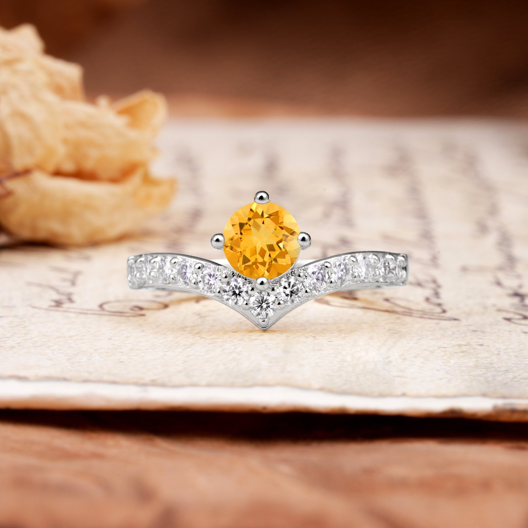 Classic Retro 4-Prong Round Cut Citrine Engagement Ring - Additional view
