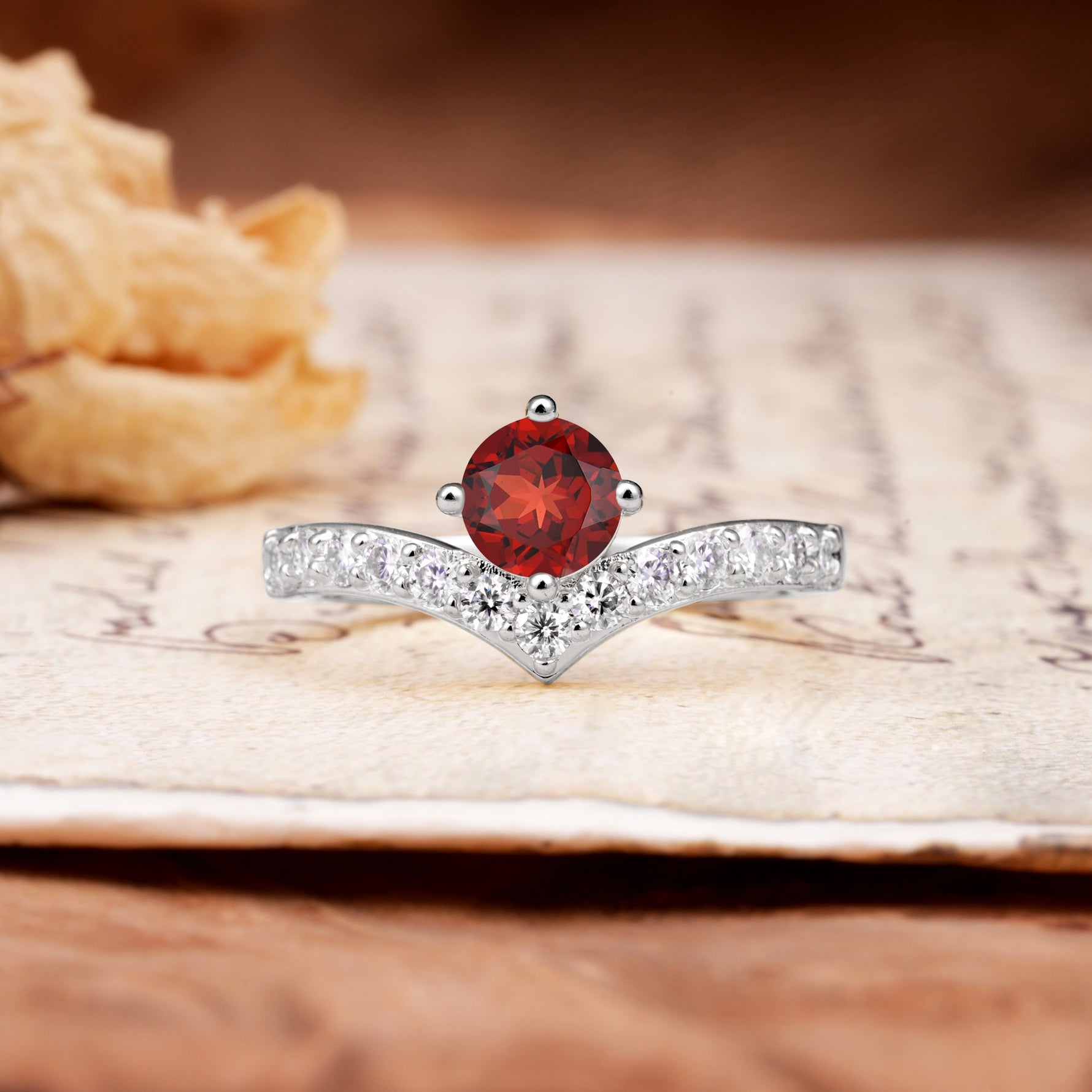 Classic Retro 4-Prong Round Cut Garnet Engagement Ring - Additional view