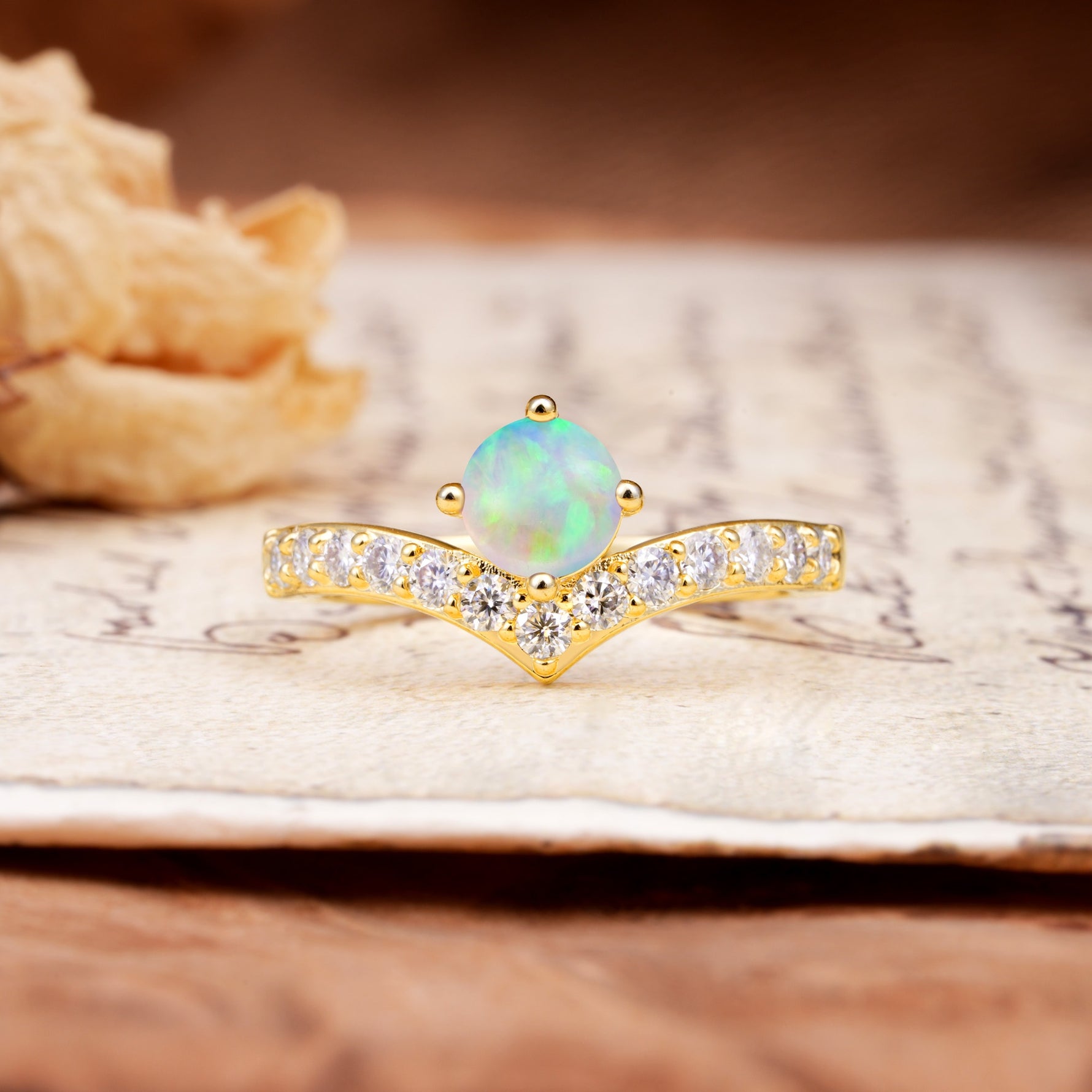 Classic Retro 4-Prong Round Cut Fire Opal Engagement Ring - Additional view