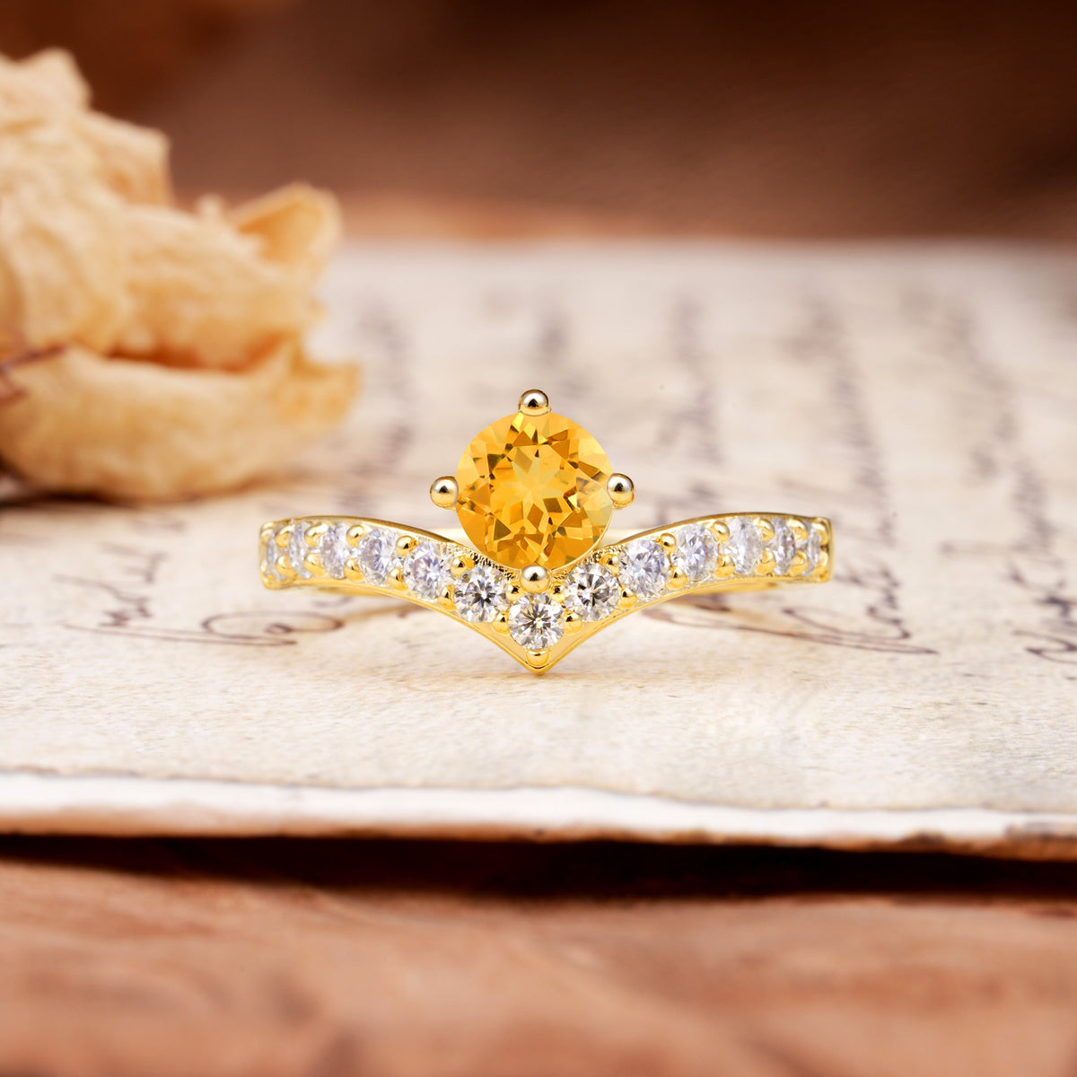 Classic Retro 4-Prong Round Cut Citrine Engagement Ring - Additional view