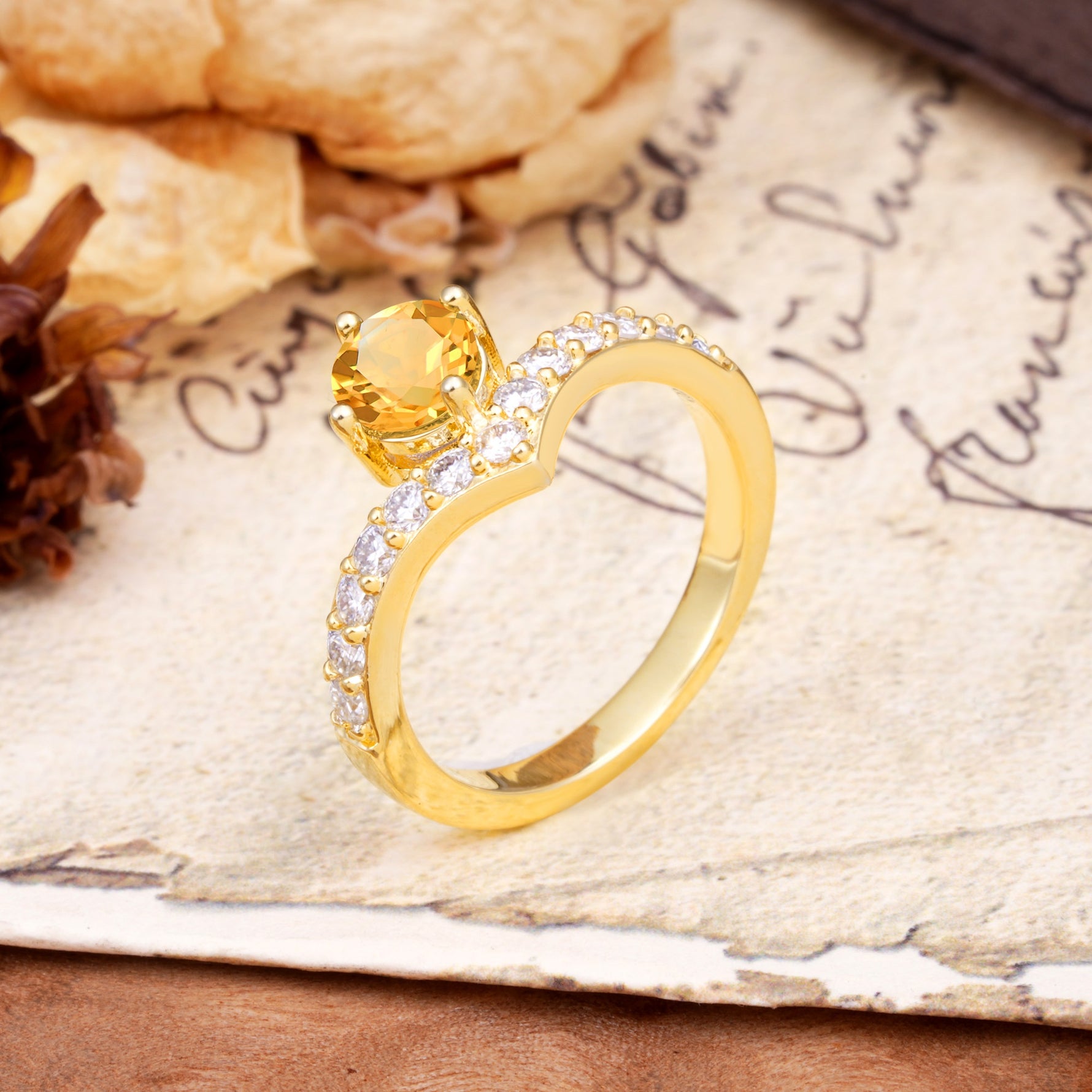 Classic Retro 4-Prong Round Cut Citrine Engagement Ring - Additional view