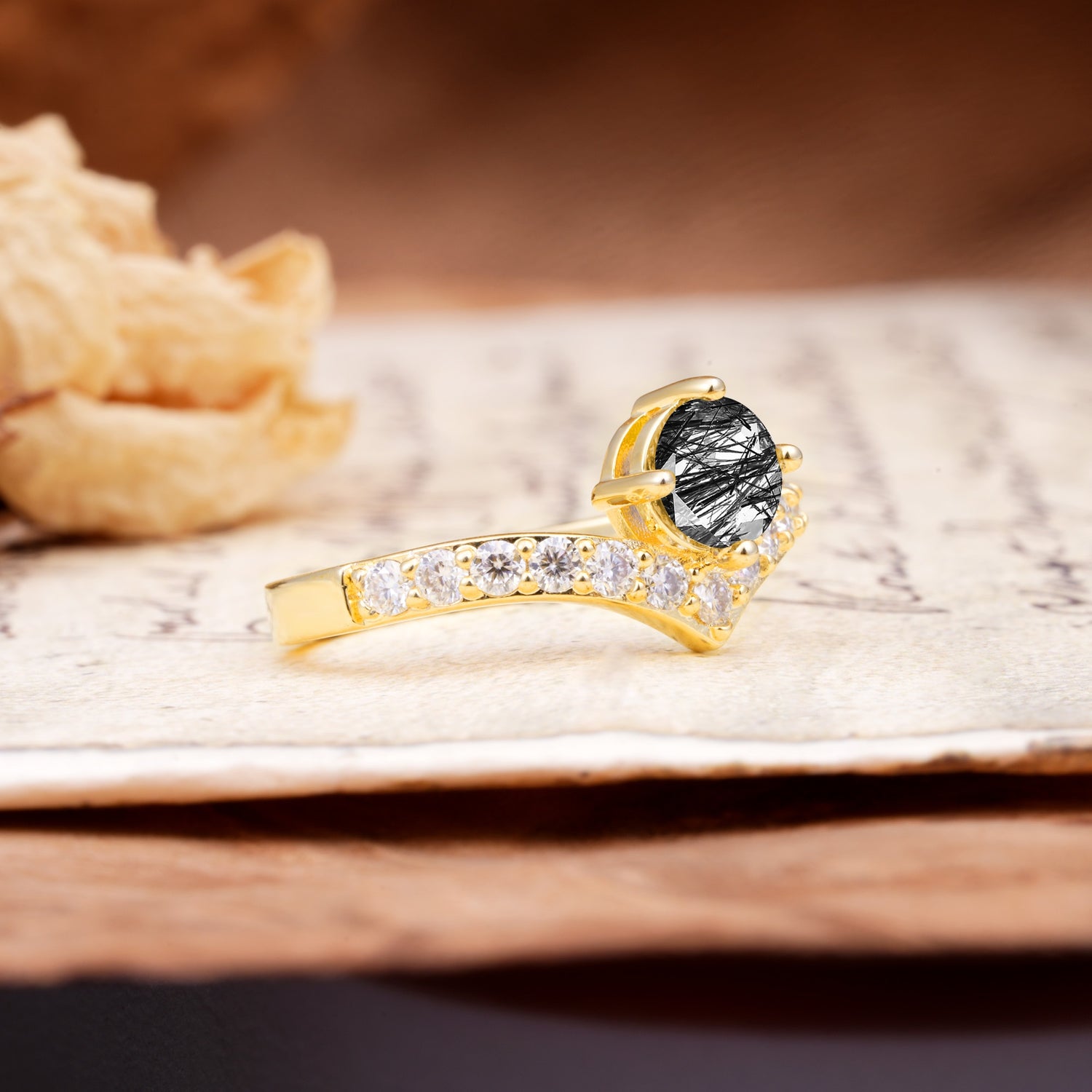Classic Retro 4-Prong Round Cut Black Rutilated Quartz Engagement Ring - Additional view