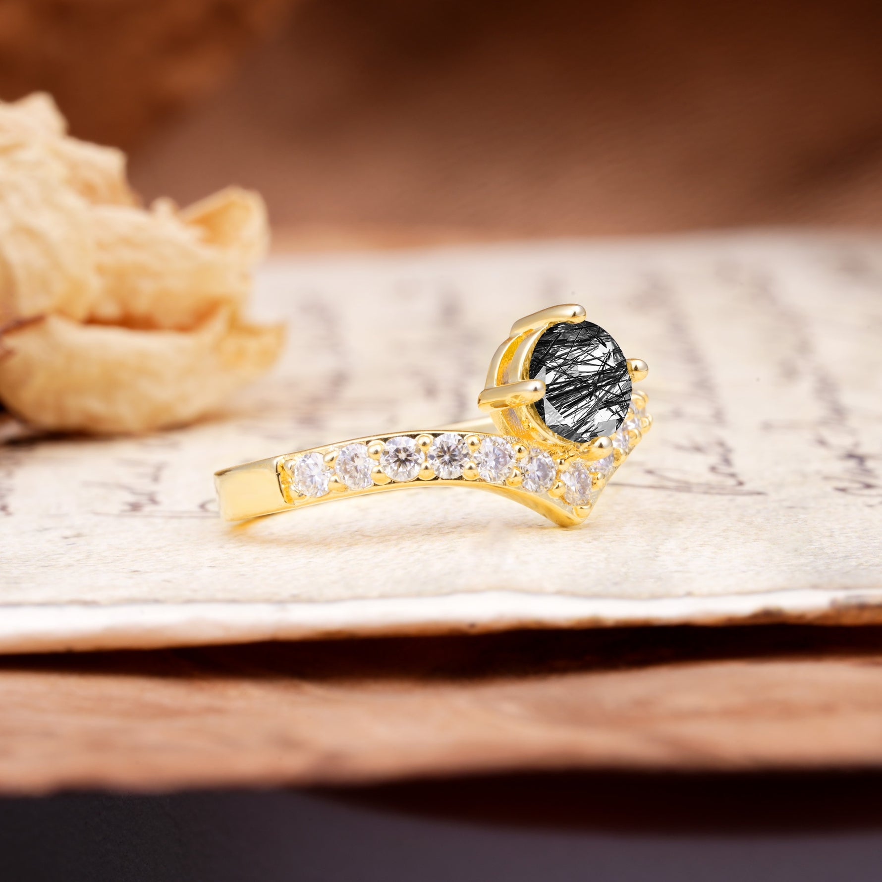Classic Retro 4-Prong Round Cut Black Rutilated Quartz Engagement Ring - Additional view