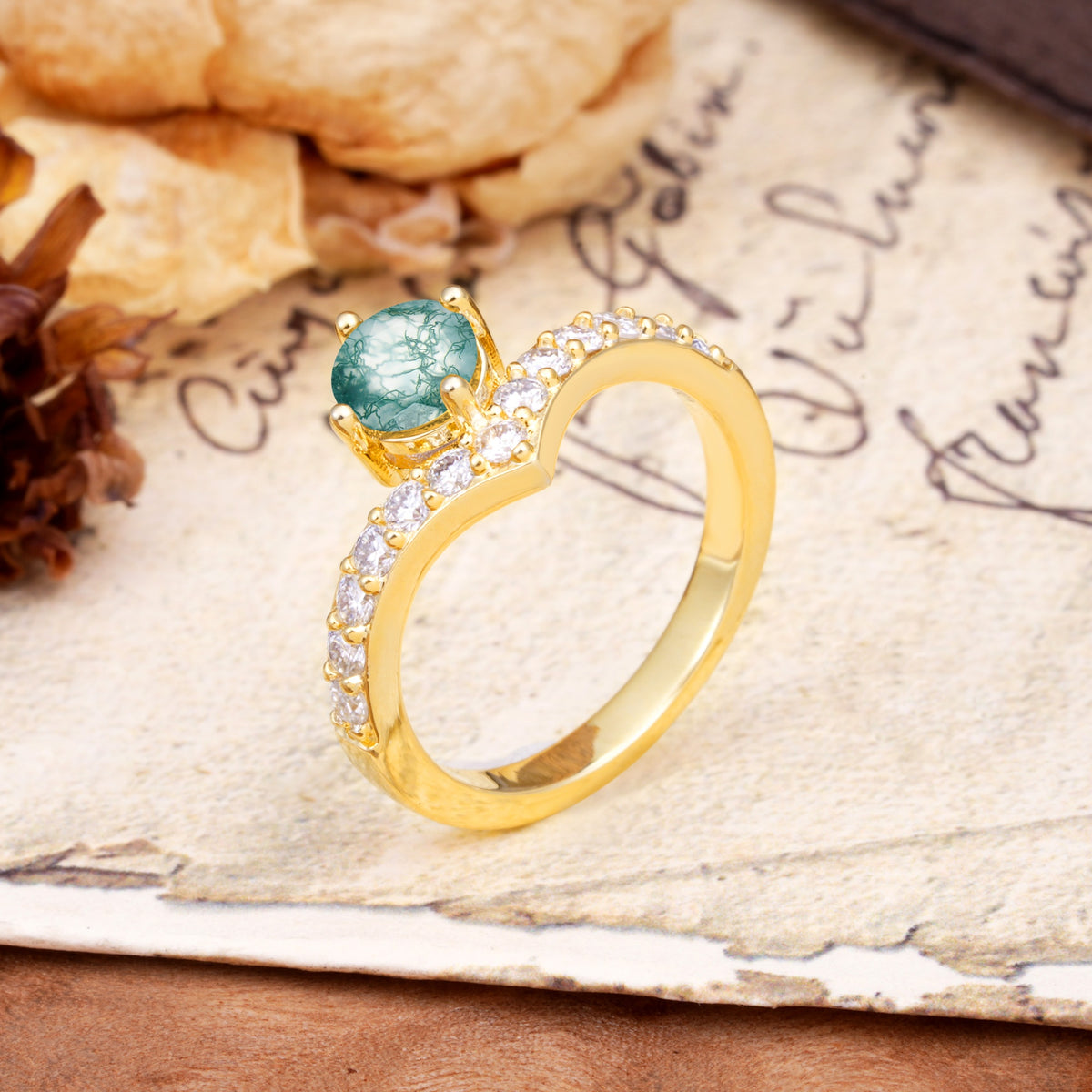 Classic Retro 4-Prong Round Cut Moss Agate Engagement Ring - Additional view