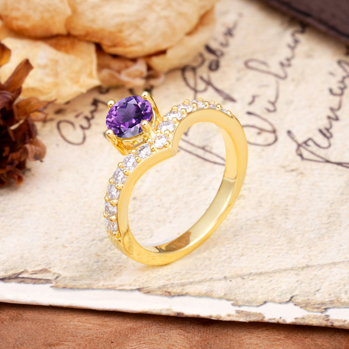 Classic Retro 4-Prong Round Cut Amethyst Engagement Ring - Additional view