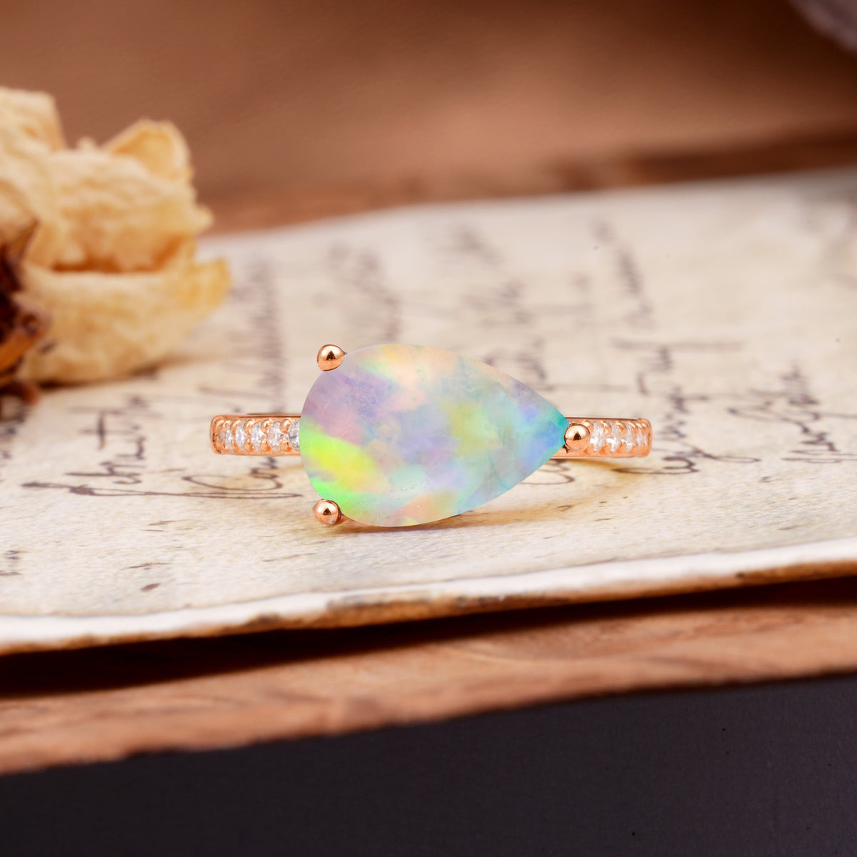 Classic, Unique, and Luxurious 3-Prong Pear Cut Fire Opal Engagement Ring - Additional view