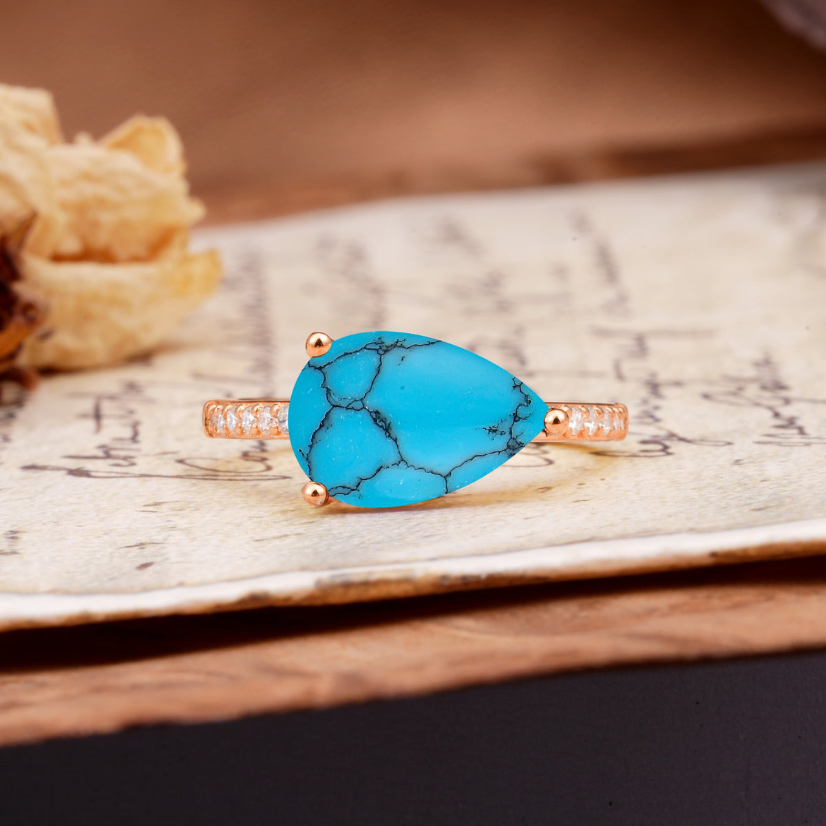 Classic, Unique, and Luxurious 3-Prong Pear Cut Turquoise Engagement Ring - Additional view