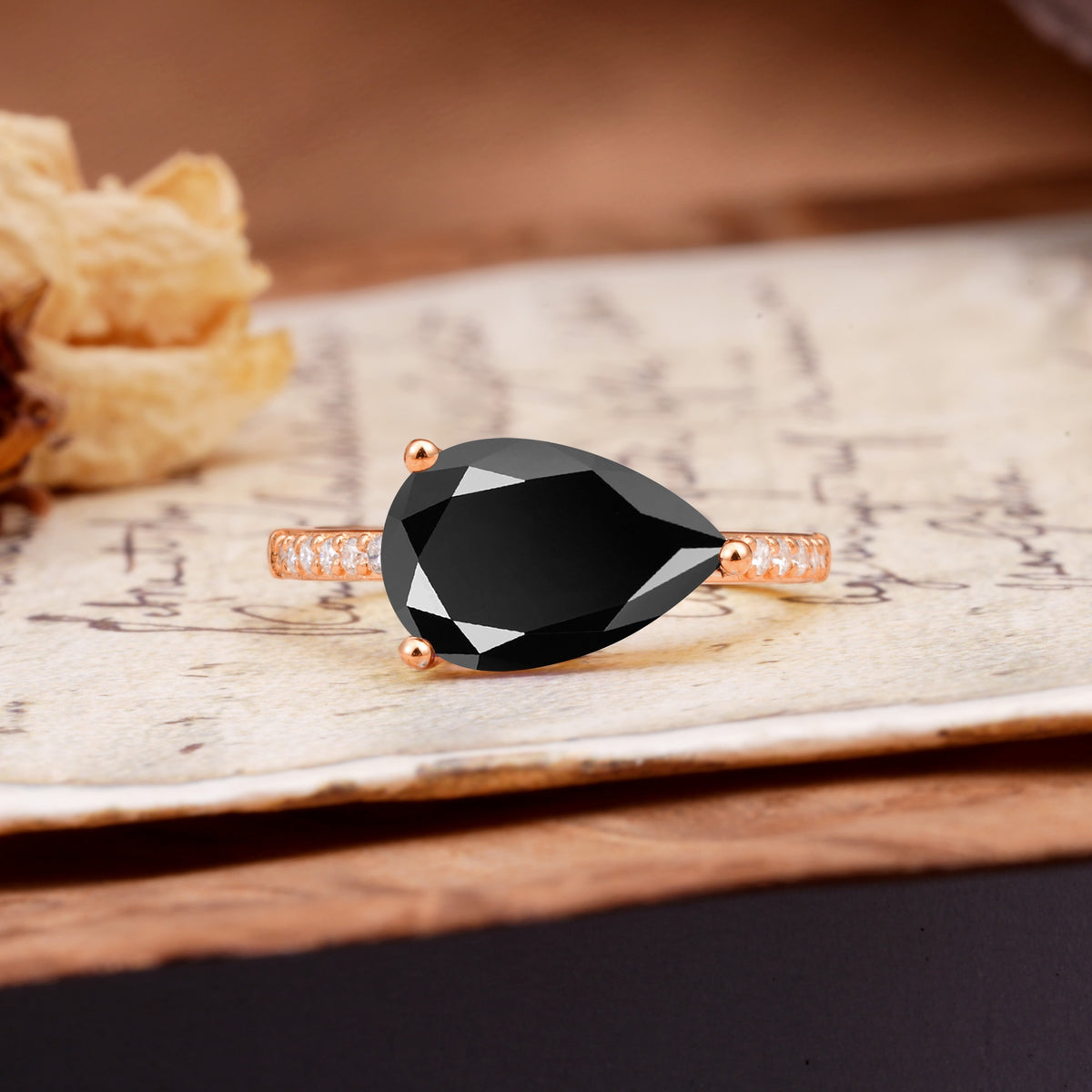 Classic, Unique, and Luxurious 3-Prong Pear Cut Black Onyx Engagement Ring - Additional view