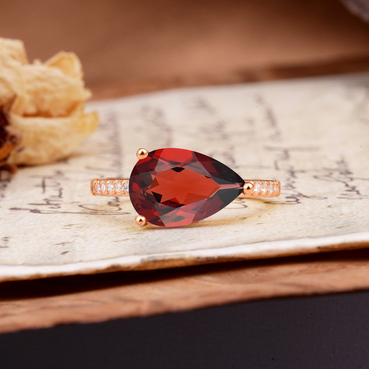 Classic, Unique, and Luxurious 3-Prong Pear Cut Garnet Engagement Ring - Additional view