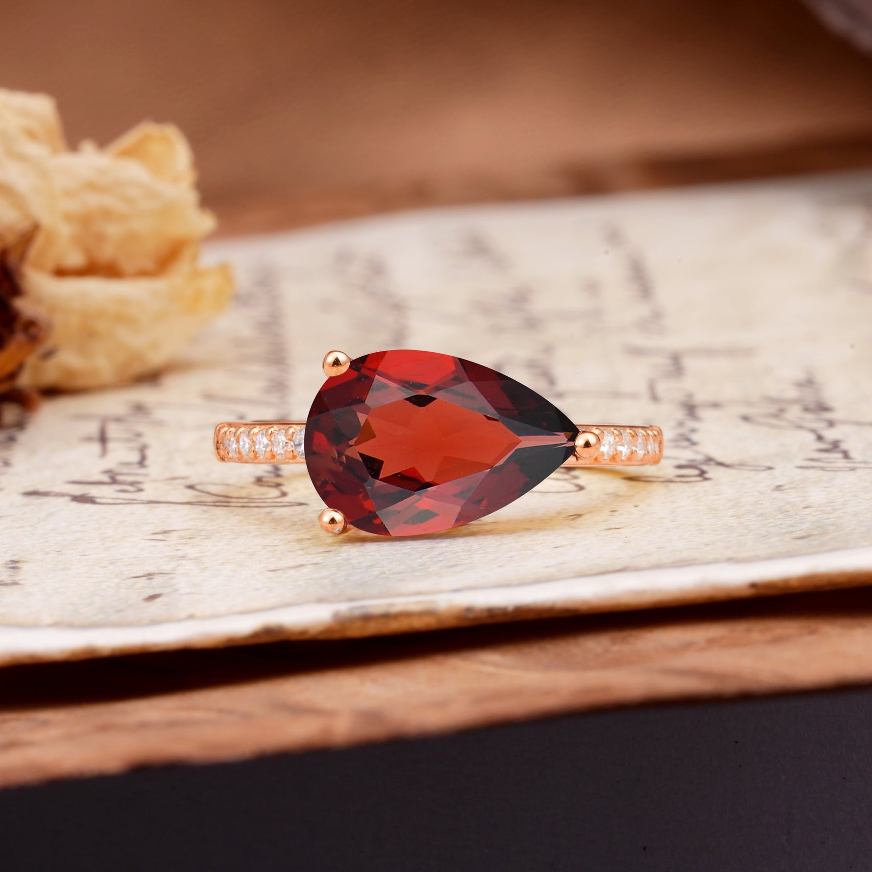 Classic, Unique, and Luxurious 3-Prong Pear Cut Garnet Engagement Ring - Additional view