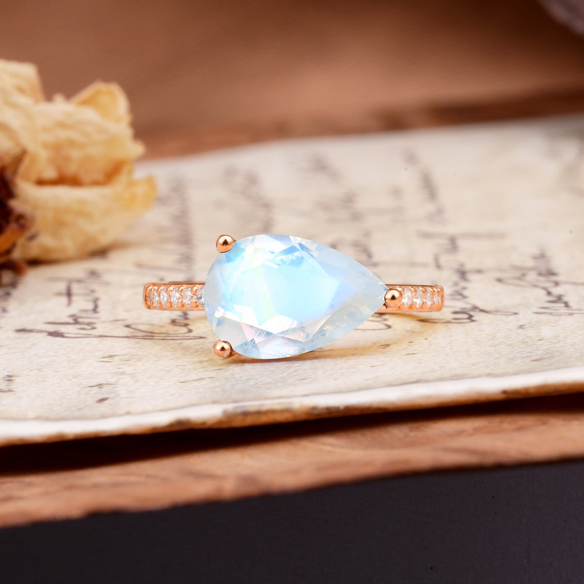 Classic, Unique, and Luxurious 3-Prong Pear Cut Moonstone Engagement Ring - Additional view