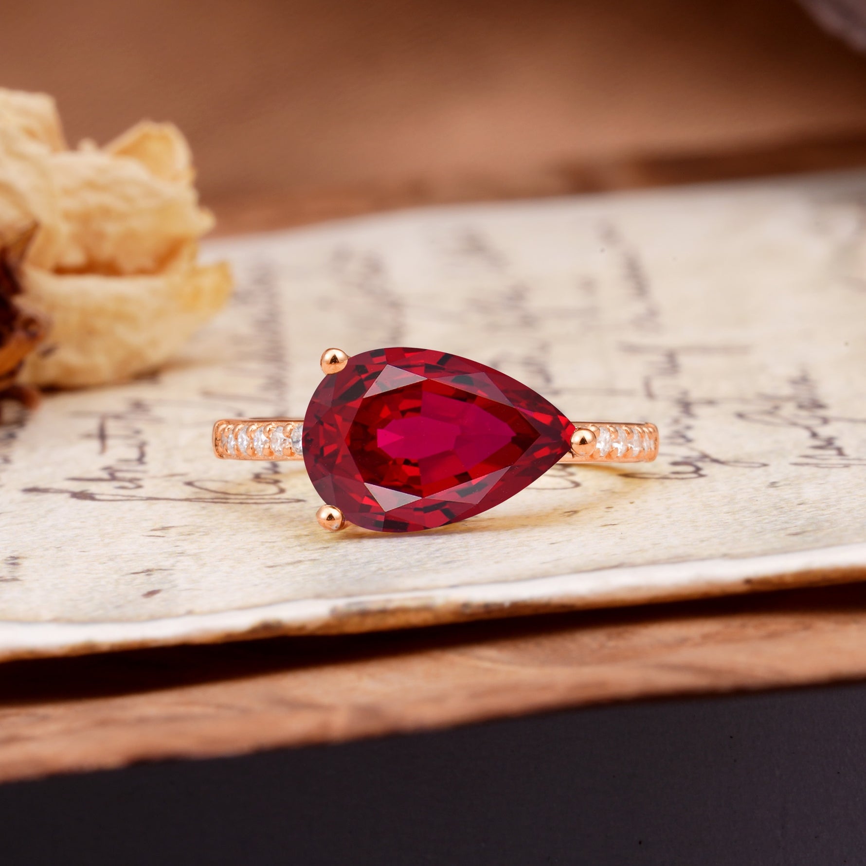 Classic, Unique, and Luxurious 3-Prong Pear Cut Ruby Engagement Ring - Additional view