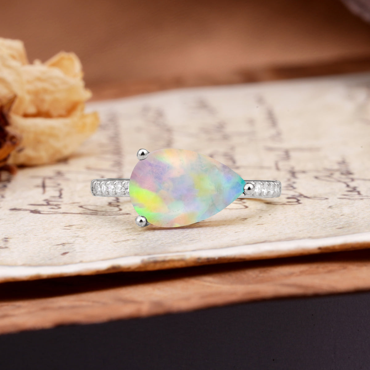 Classic, Unique, and Luxurious 3-Prong Pear Cut Fire Opal Engagement Ring - Additional view