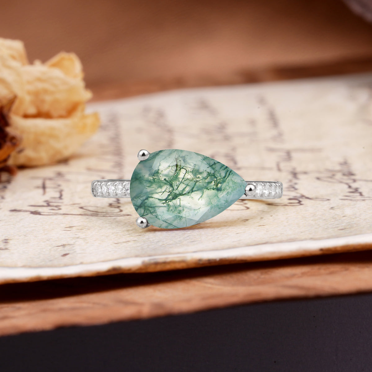 Classic, Unique, and Luxurious 3-Prong Pear Cut Moss Agate Engagement Ring - Additional view