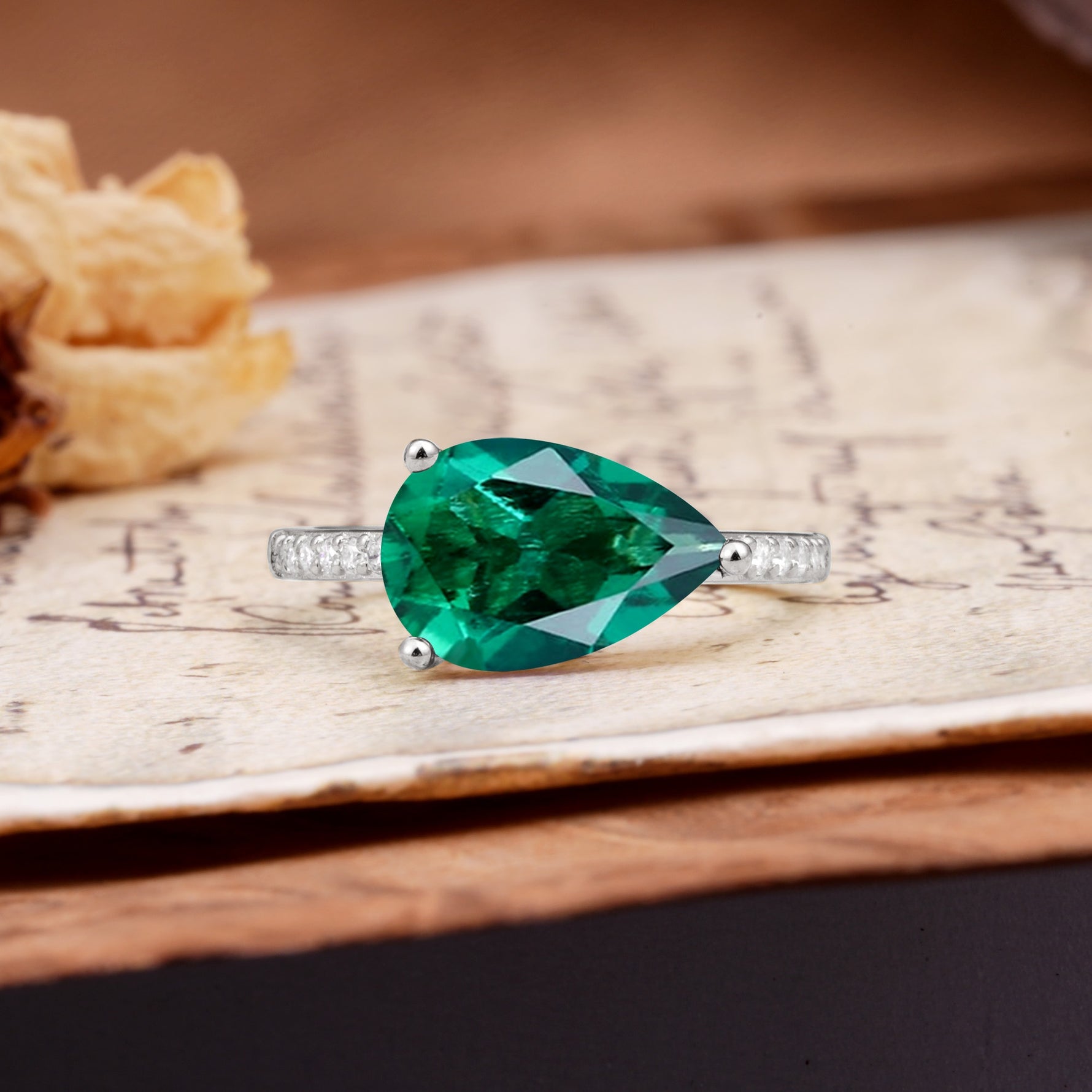 Classic, Unique, and Luxurious 3-Prong Pear Cut Emerald Engagement Ring - Additional view