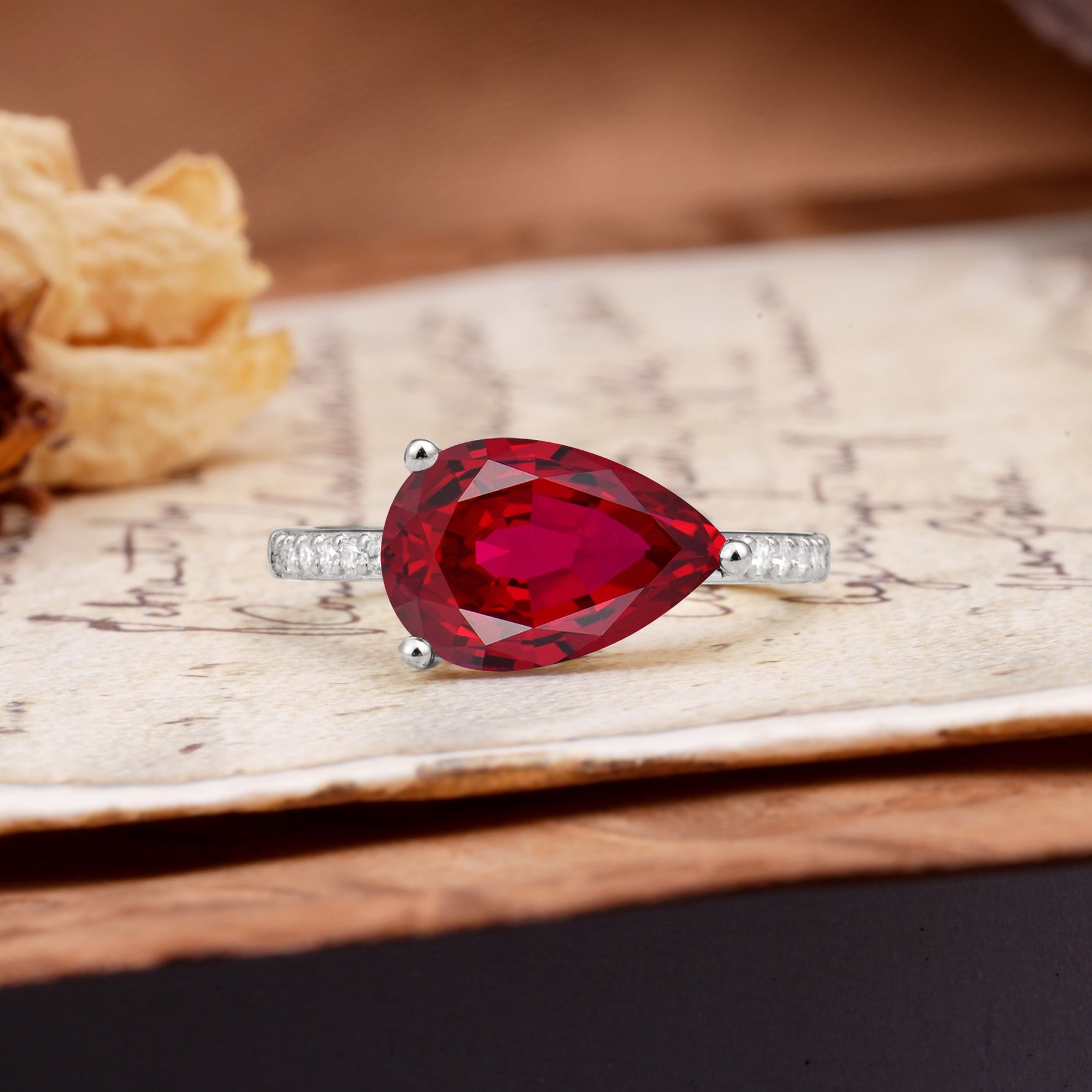 Classic, Unique, and Luxurious 3-Prong Pear Cut Ruby Engagement Ring - Additional view