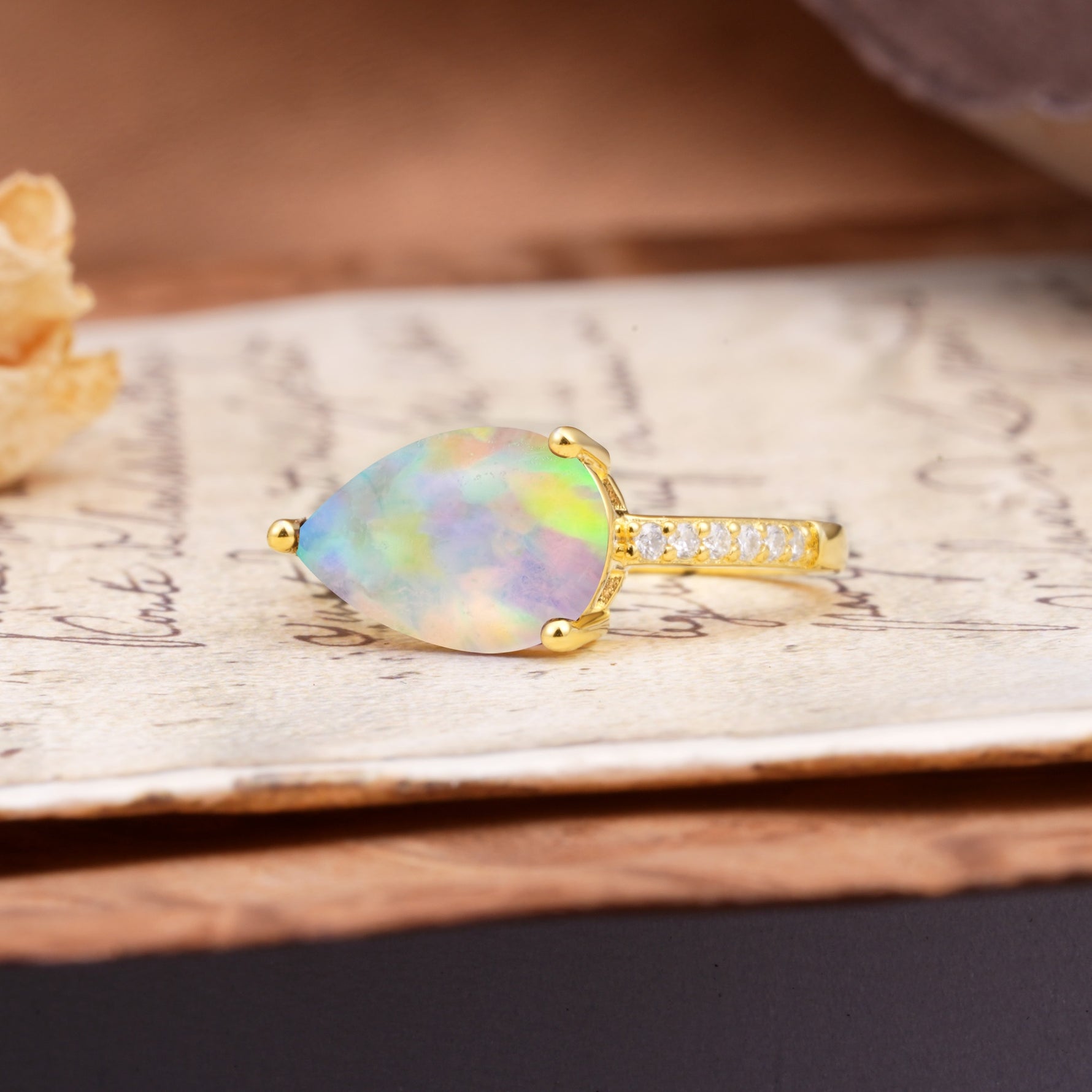 Classic, Unique, and Luxurious 3-Prong Pear Cut Fire Opal Engagement Ring - Additional view