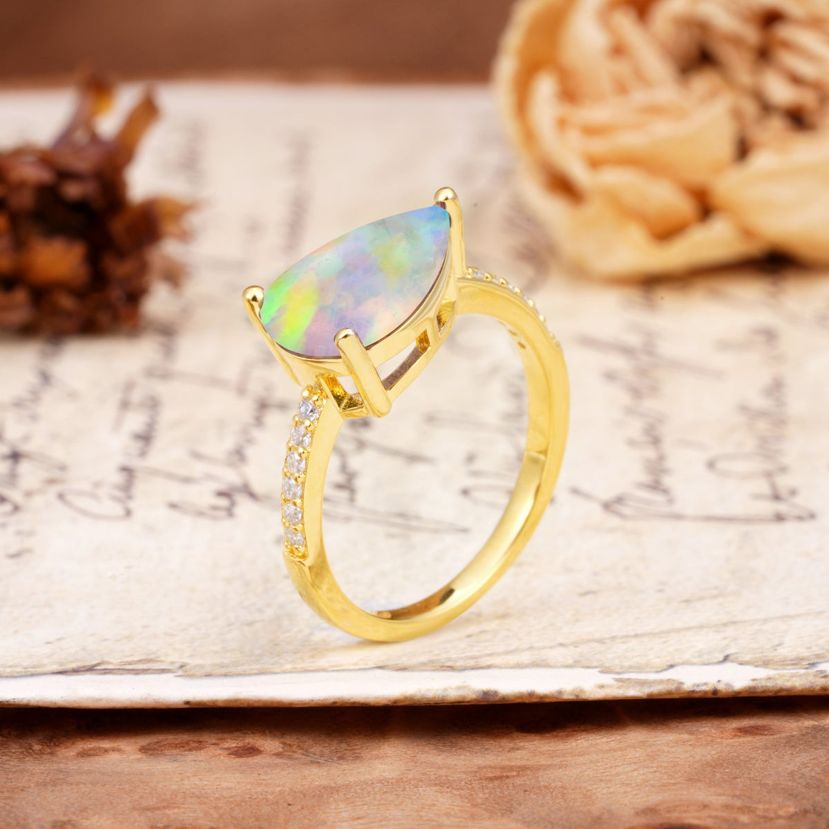 Classic, Unique, and Luxurious 3-Prong Pear Cut Fire Opal Engagement Ring - Additional view