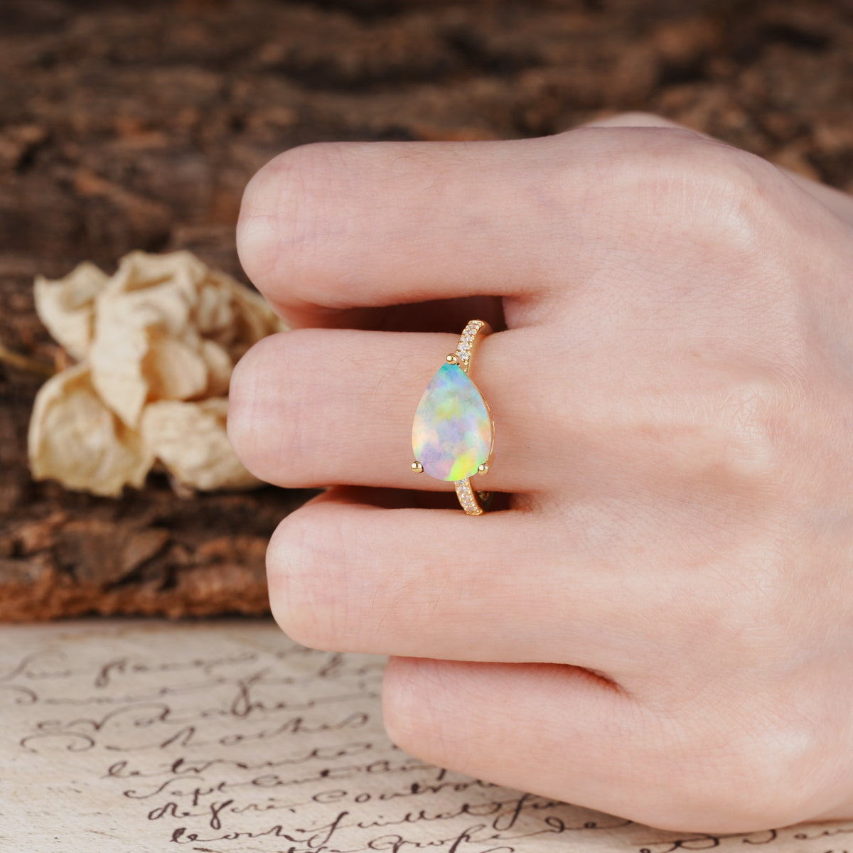 Classic, Unique, and Luxurious 3-Prong Pear Cut Fire Opal Engagement Ring - Additional view