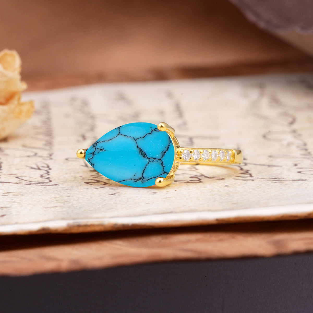 Classic, Unique, and Luxurious 3-Prong Pear Cut Turquoise Engagement Ring - Additional view