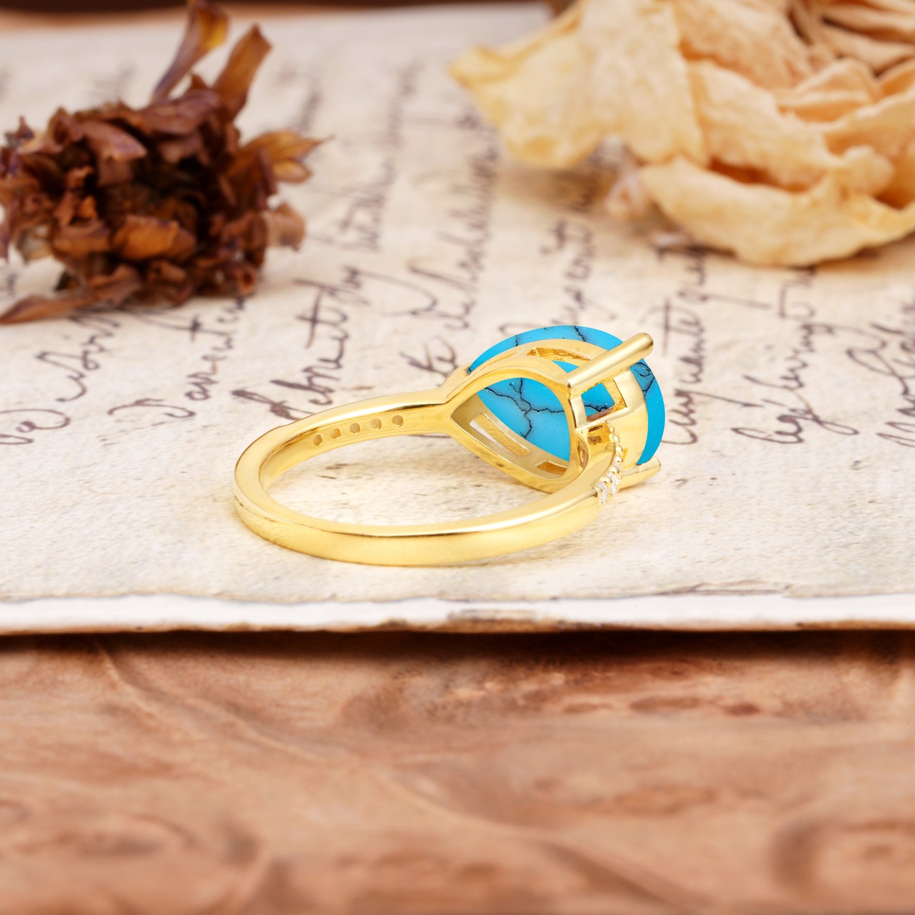 Classic, Unique, and Luxurious 3-Prong Pear Cut Turquoise Engagement Ring - Additional view