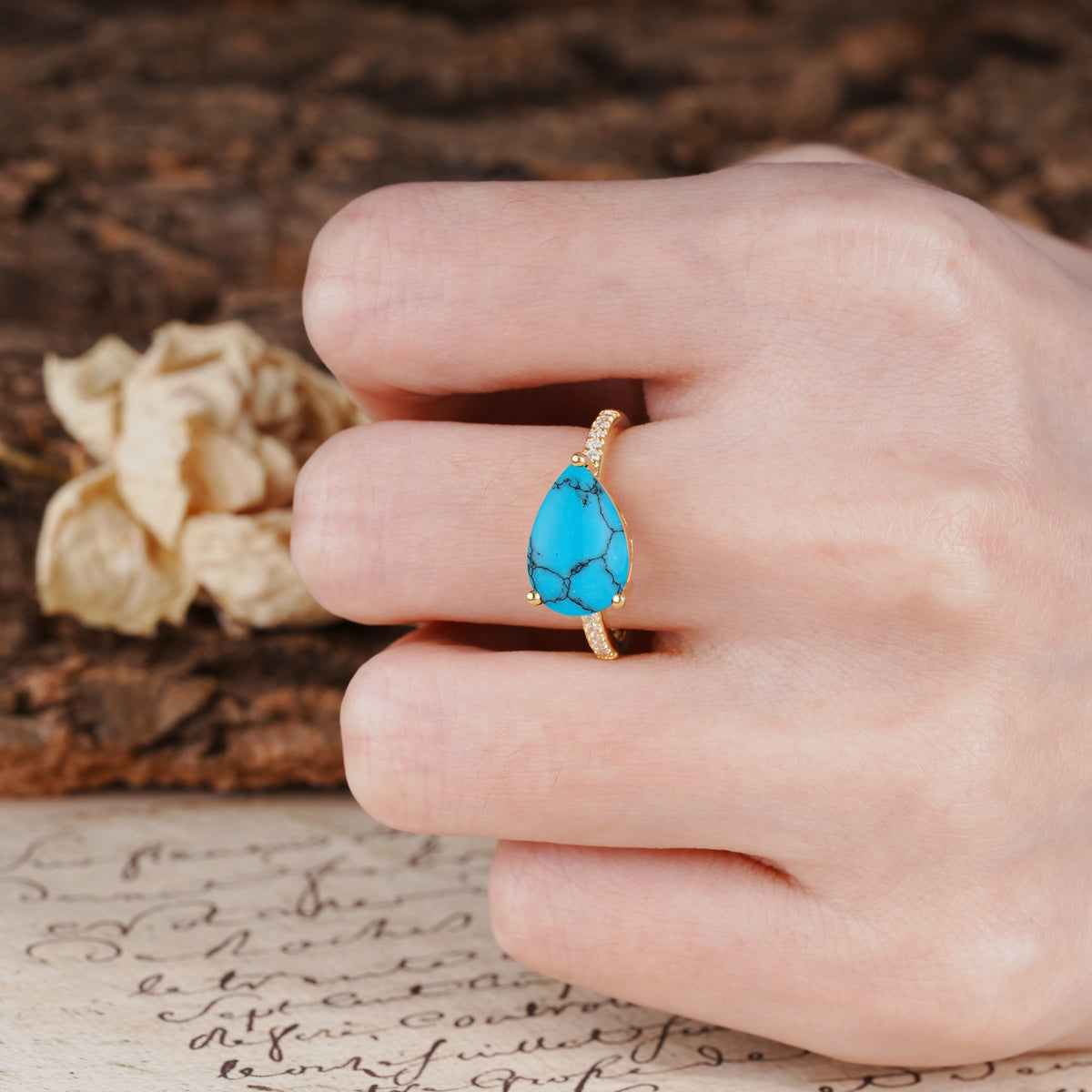 Classic, Unique, and Luxurious 3-Prong Pear Cut Turquoise Engagement Ring - Additional view