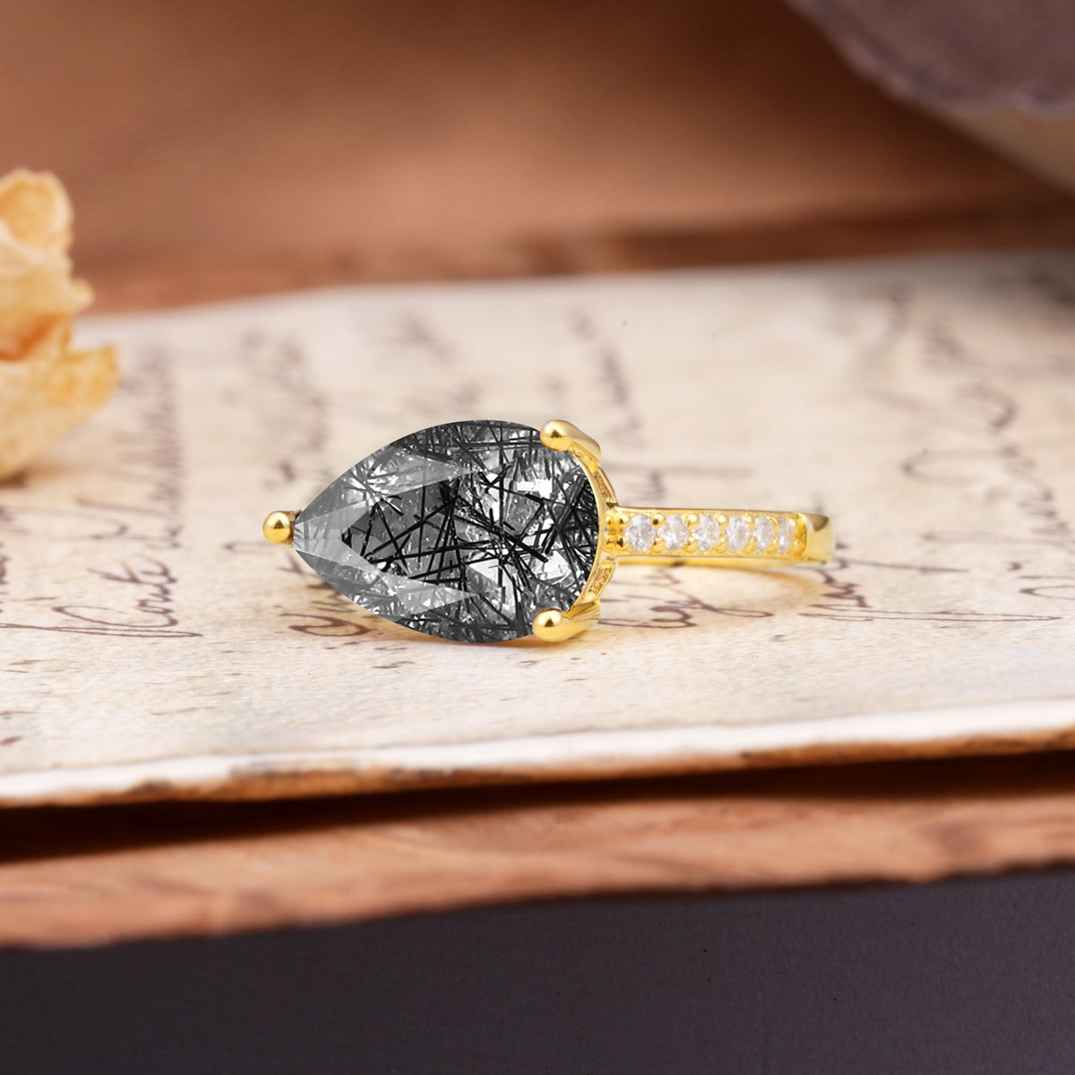 Classic, Unique, and Luxurious 3-Prong Pear Cut Black Rutilated Quartz Engagement Ring - Additional view