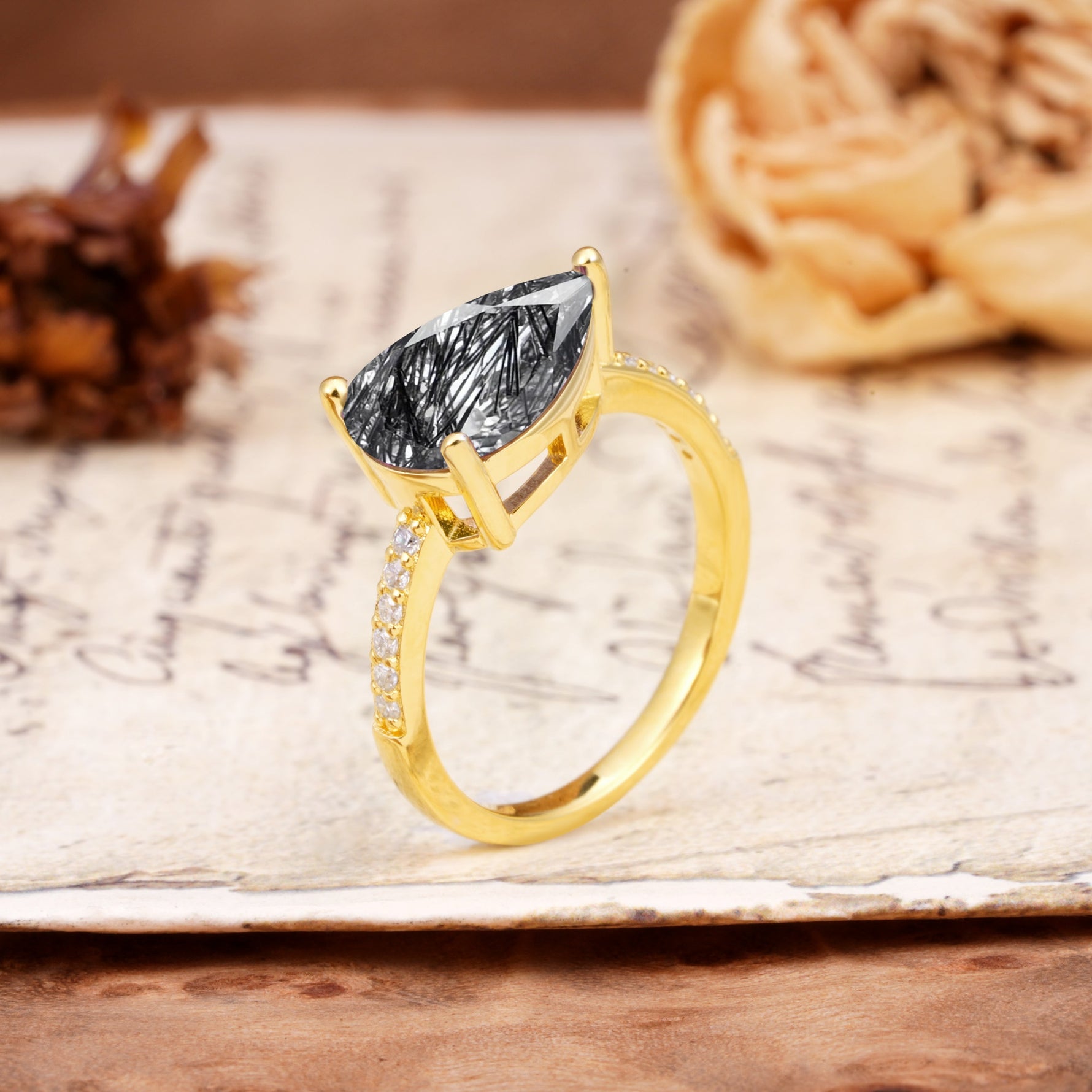 Classic, Unique, and Luxurious 3-Prong Pear Cut Black Rutilated Quartz Engagement Ring - Additional view